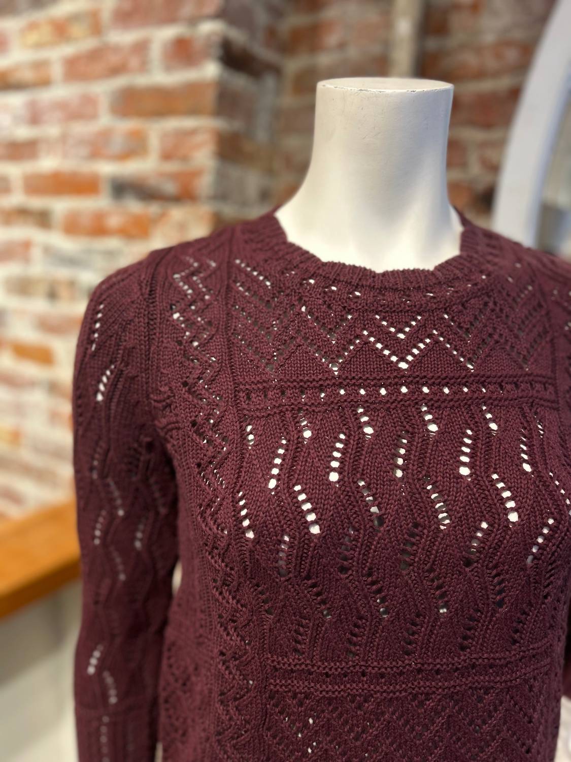 Stitchery Patchwork Crew Sweater In Bordeaux - Image 3