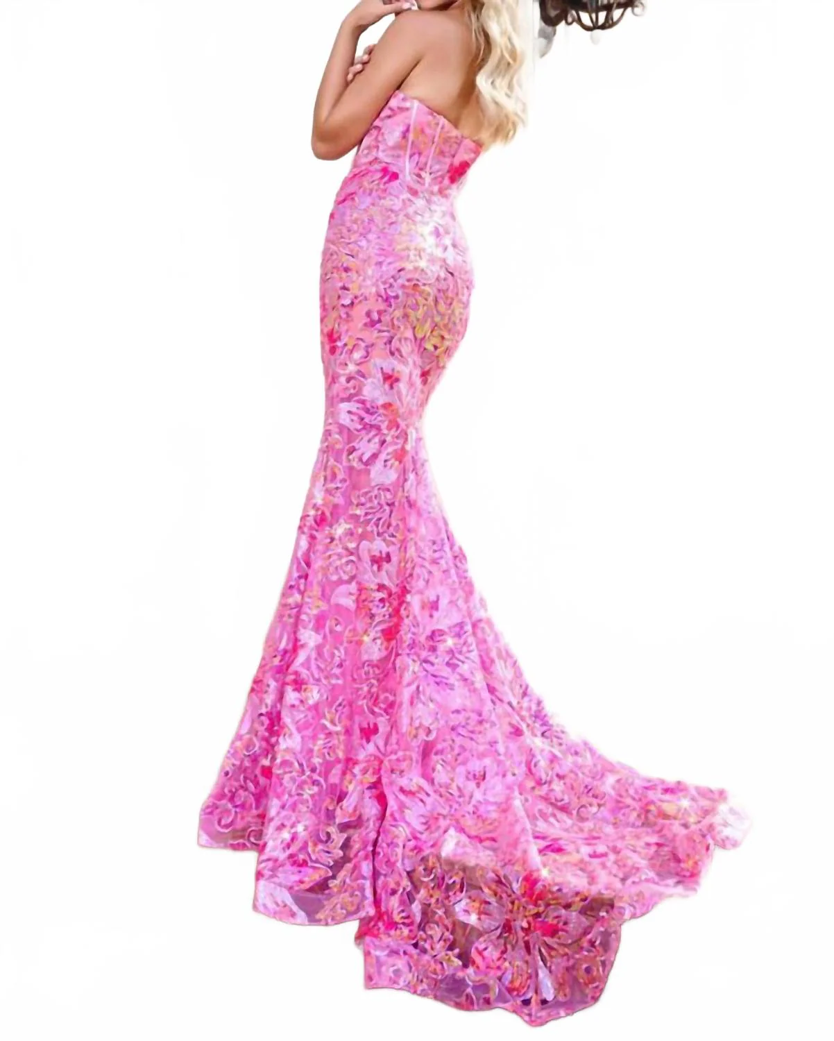 Strapless Long Gown In Pink Multi - Image 2