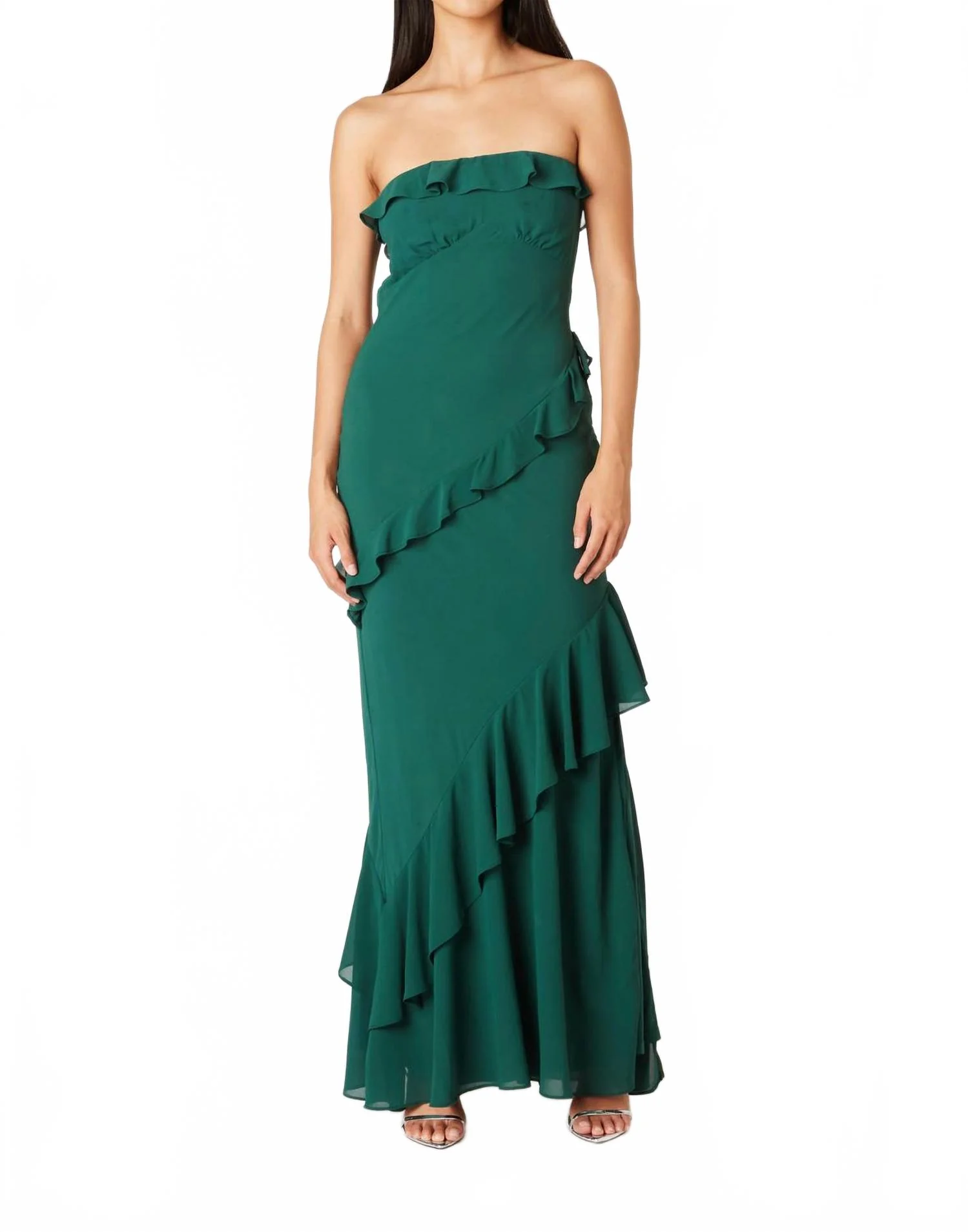 Strapless Ruffle Tiered Maxi Dress In Green