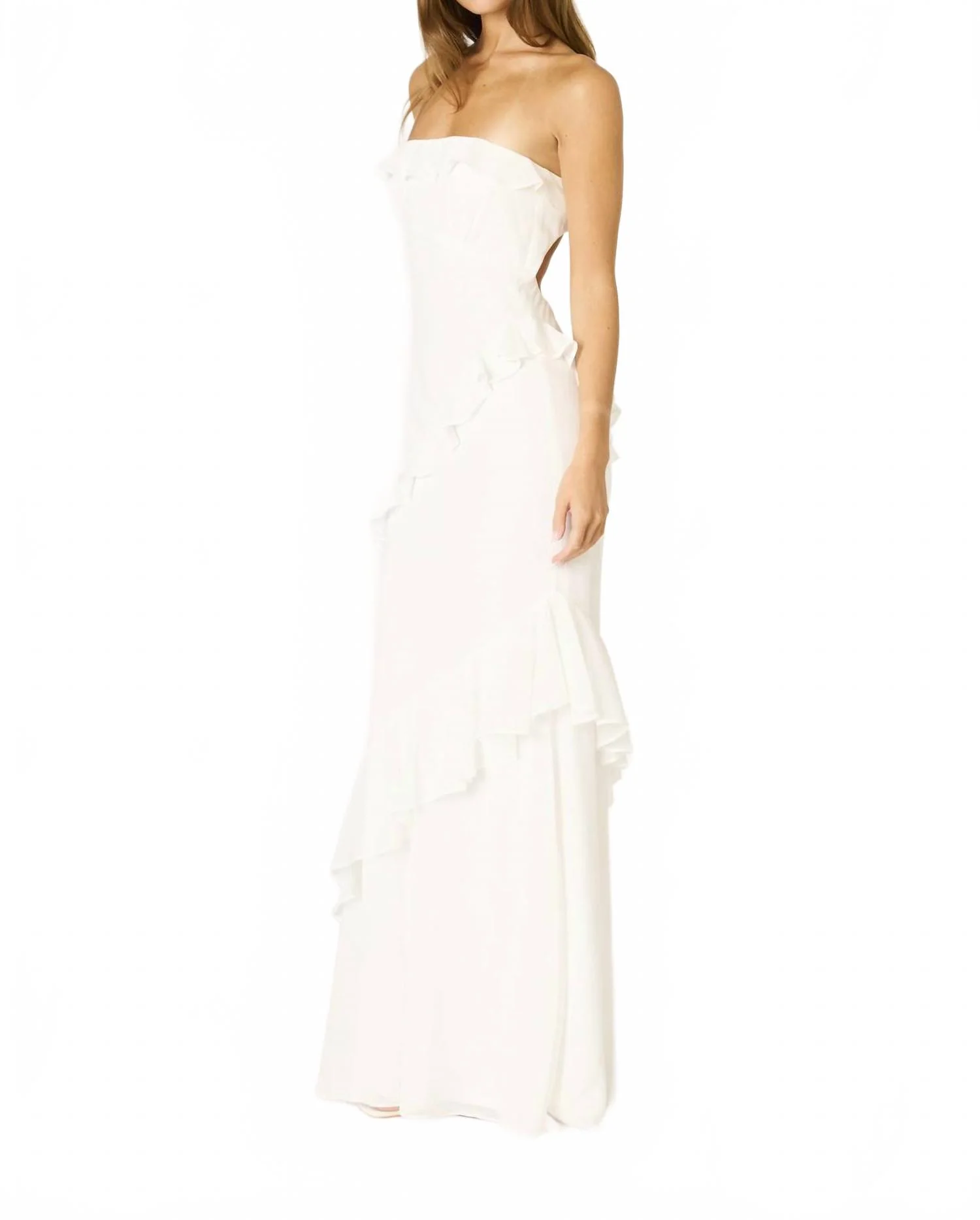 Strapless Ruffle Tiered Maxi Dress In White - Image 5