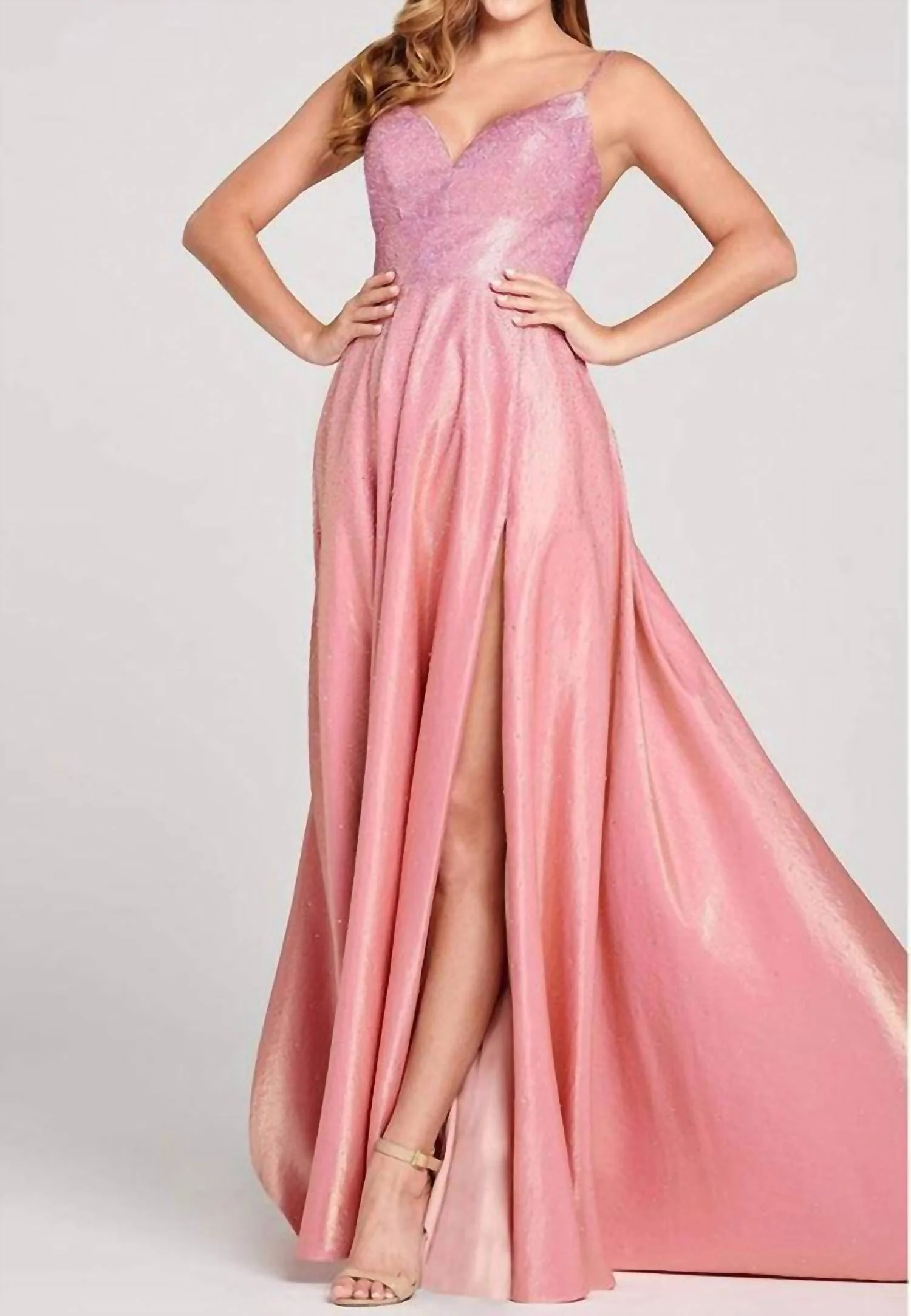 Strappy Open Back Crystal Studded Satin Prom Gown In Pink Lemonade