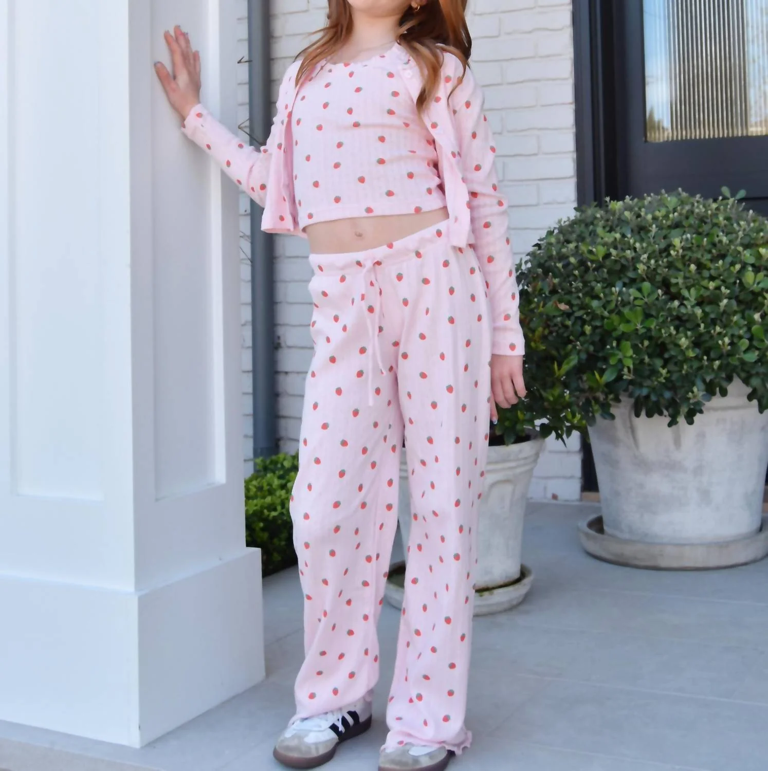 Strawberry Pointelle Cardigan In Pink