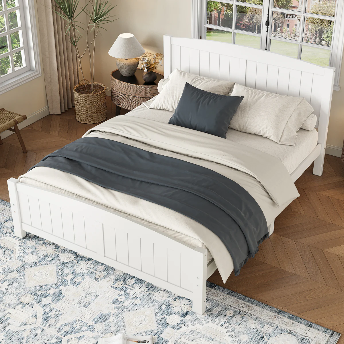 Streamdale Queen Size Solid Wood Platform Bed, No Box Spring Needed, White
