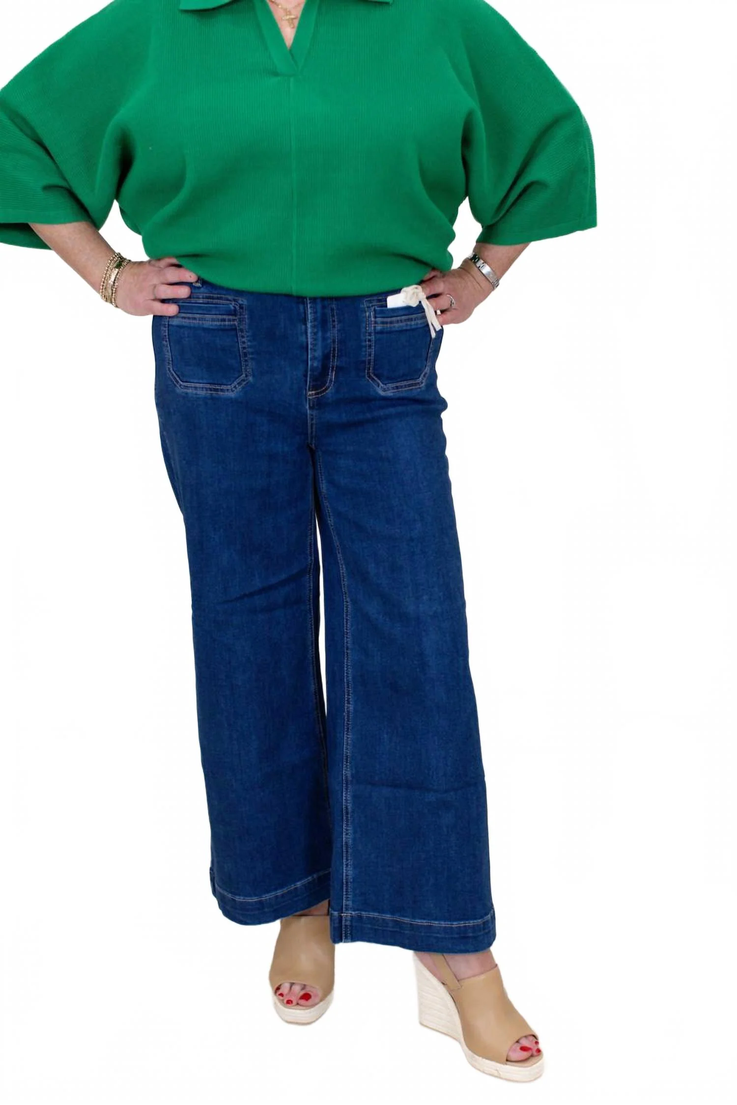 Stretch Denim Cropped Flare Leg Patch Pocket Pant In Blue