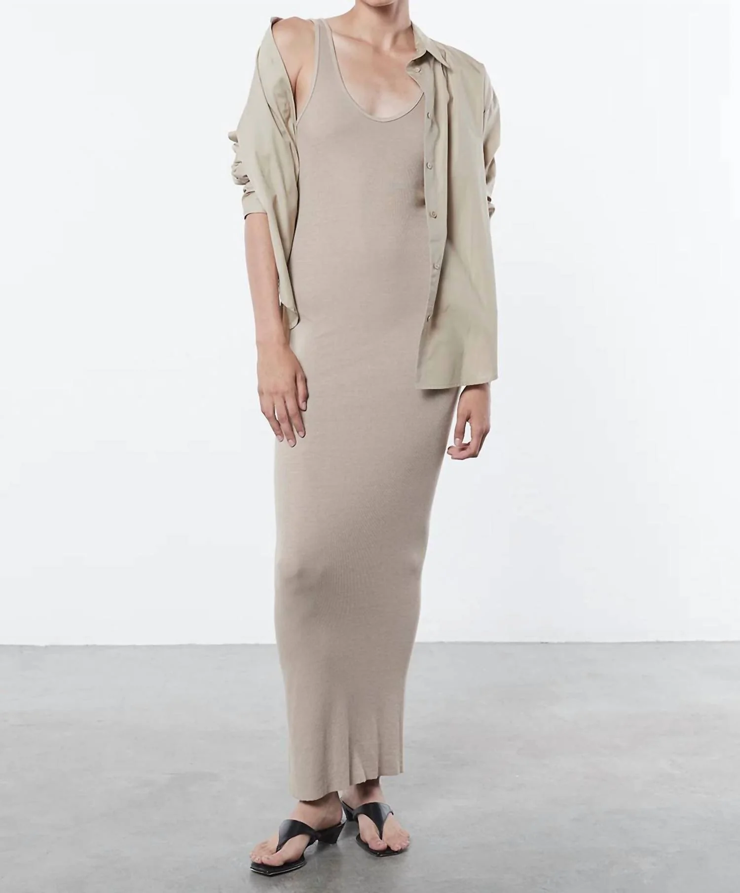 Stretch Silk Knit Maxi Dress In Tan