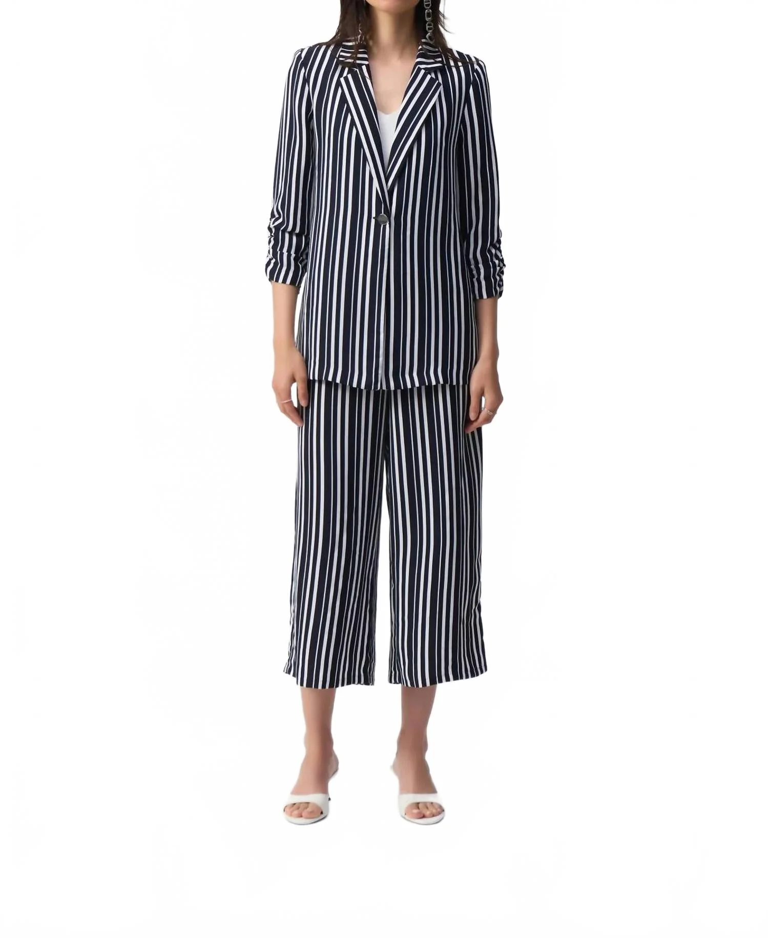 Stripe Boxy Blazer Jacket In Vanilla/midnight Blue - Image 4