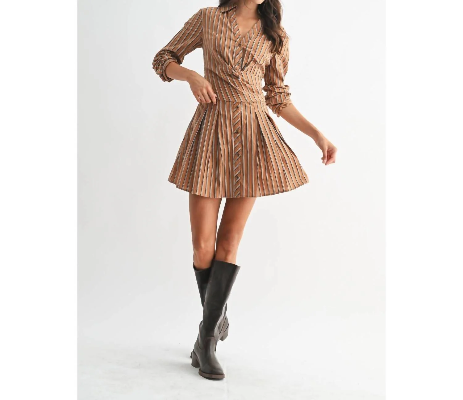 Stripe Collared Dress In Brown - Image 5