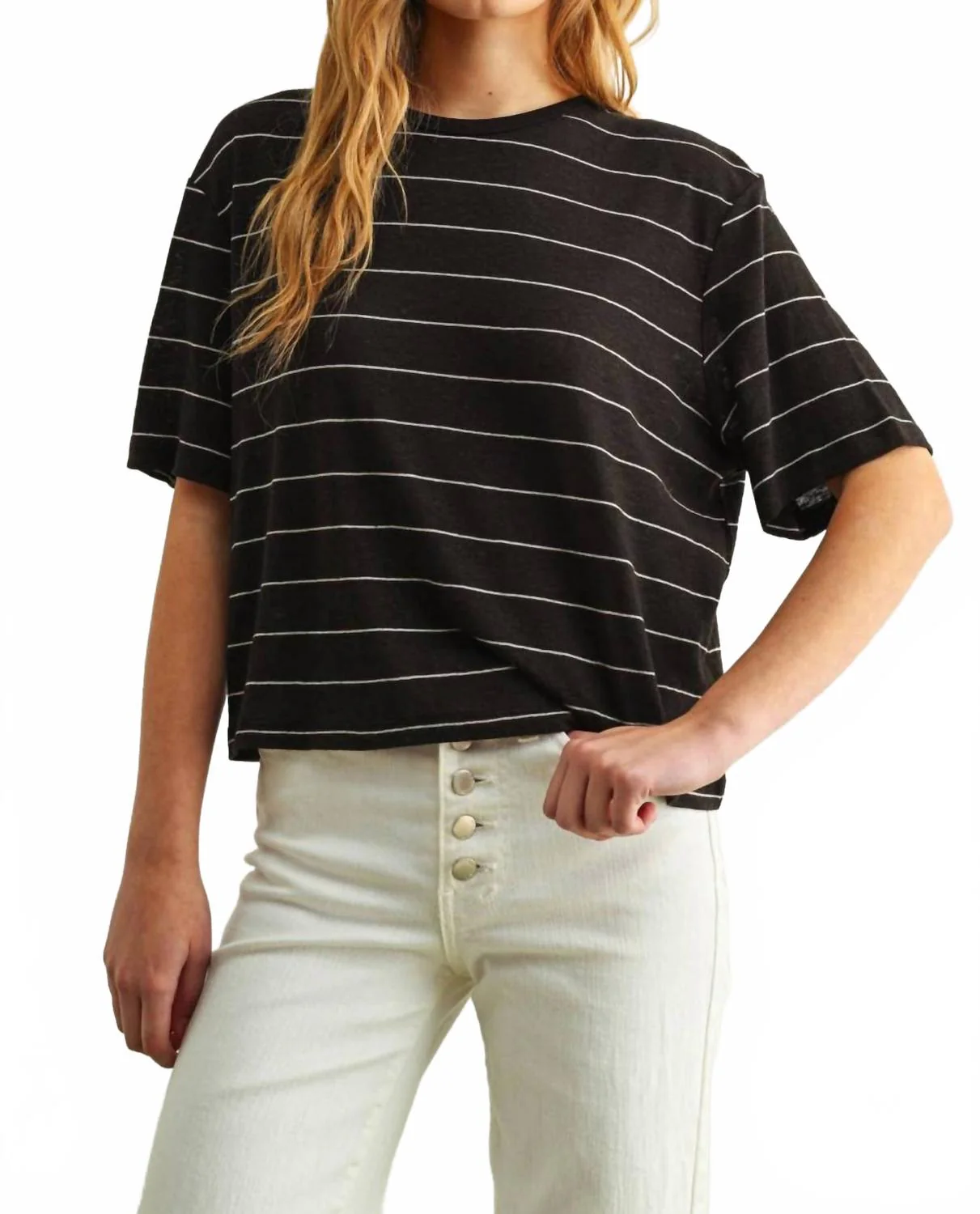 Stripe Cotton Linen Top In Black/white - Image 2