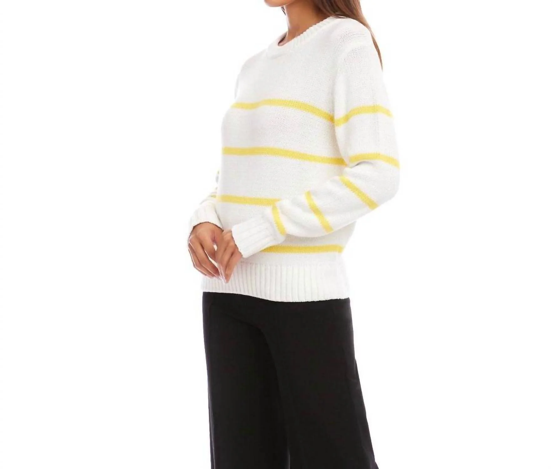 Stripe Crewneck Sweater In Off White With Lemon - Image 2
