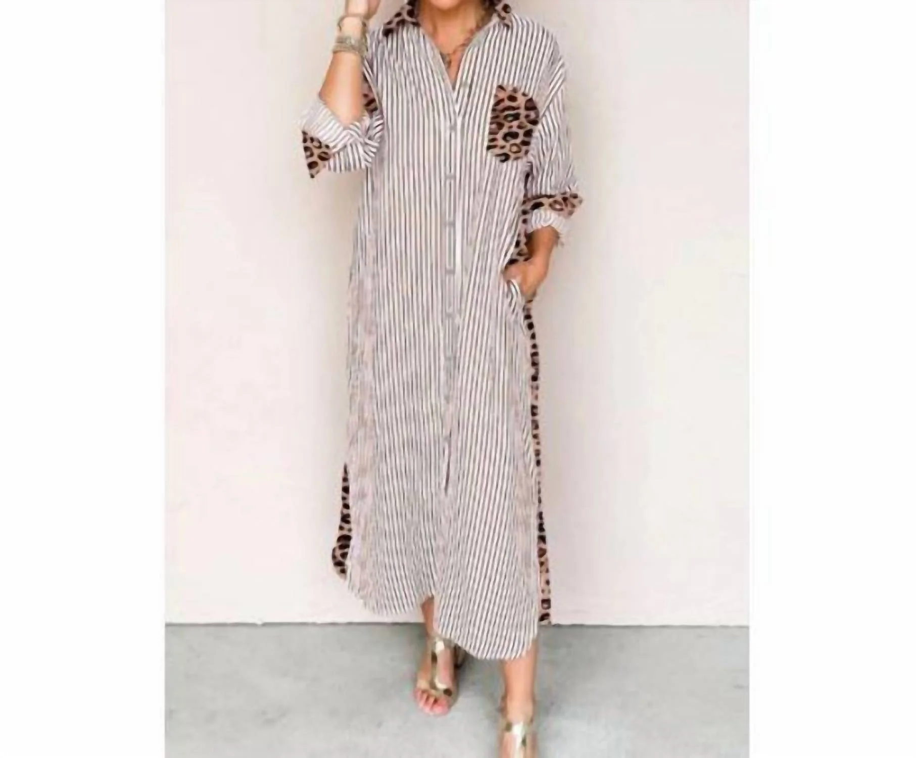 Stripe Leopard Patchwork Maxi Shirt Dress In Brown