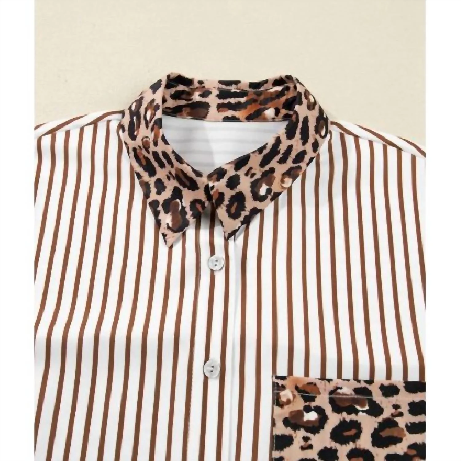 Stripe Leopard Patchwork Maxi Shirt Dress In Brown - Image 3