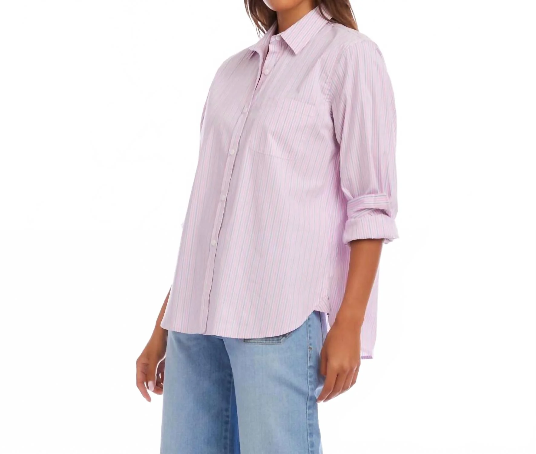 Stripe Long Sleeve Button-Up Shirt In Pink - Image 2