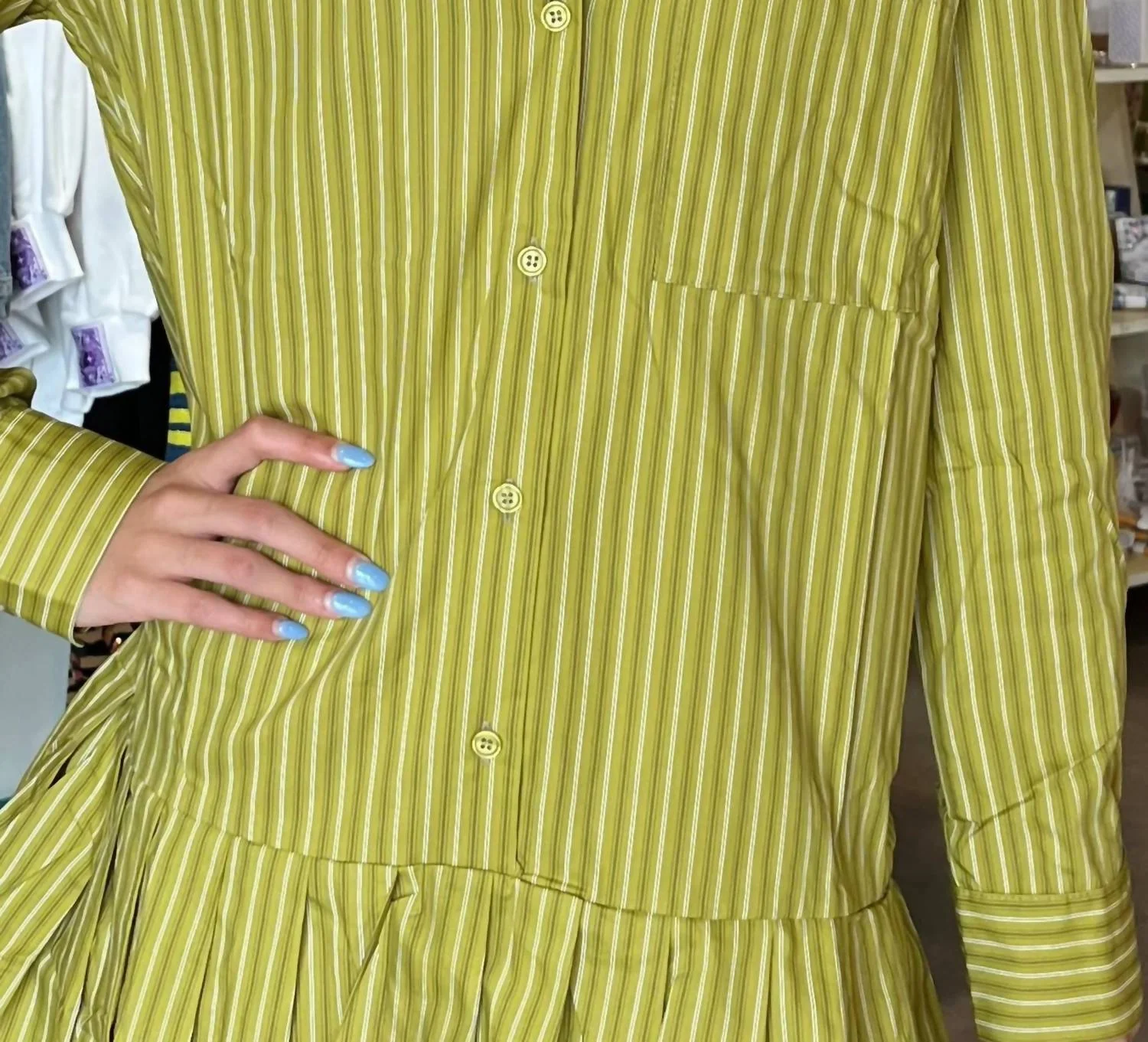Stripe Pleated Poplin Shirt Dress In Olive - Image 2