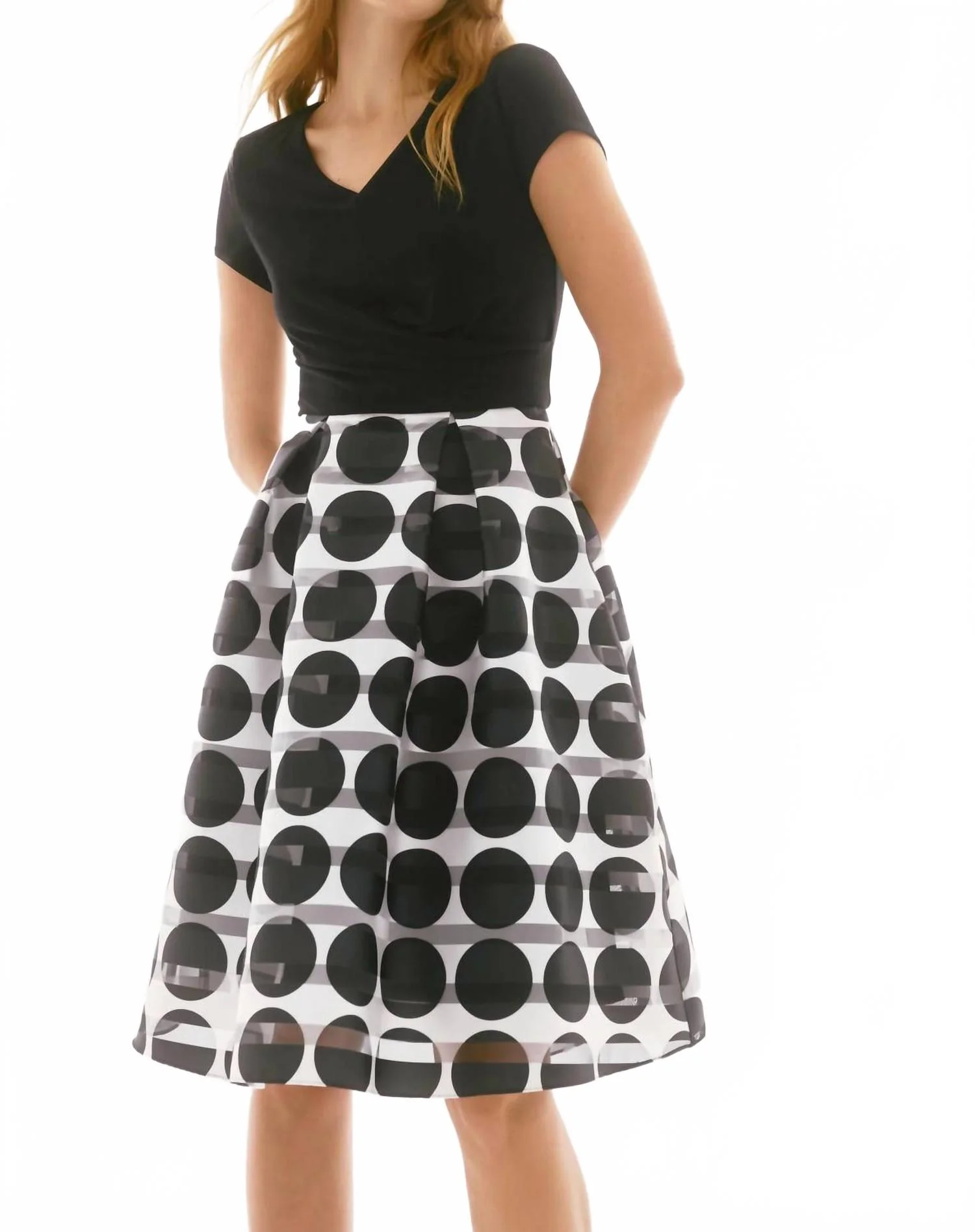 Stripe Polka Dot Fit And Flare Dress In Black/vanilla - Image 3