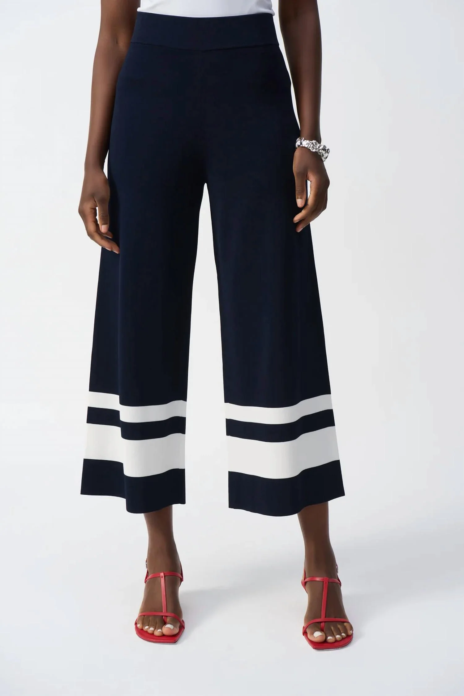 Stripe Pull On Wide Leg Culotte Pants In Midnight Blue/vanilla
