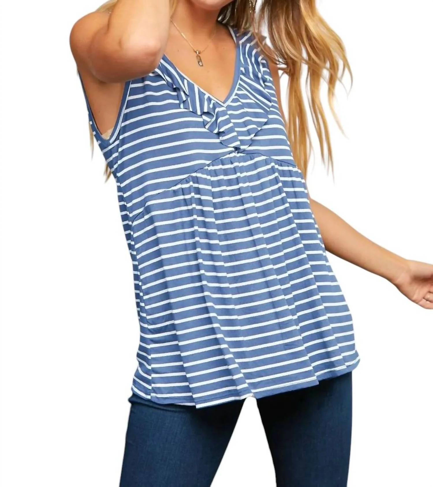 Stripe Vneck Ruffle Babydoll Tank Top In Denim/ivory Stripe - Image 2