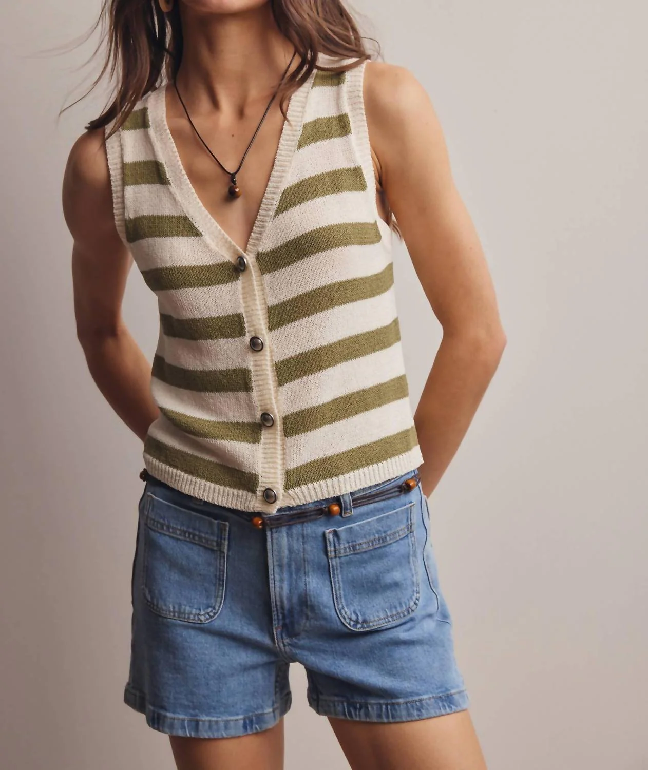Striped Button-Front Knit Vest Top In Sage - Image 2