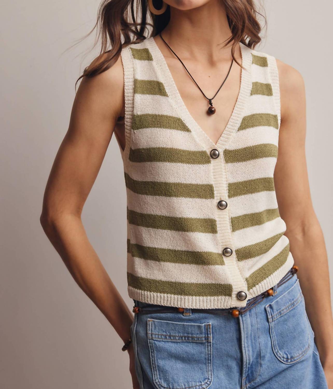 Striped Button-Front Knit Vest Top In Sage - Image 3