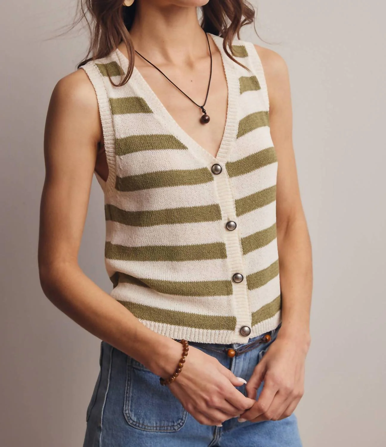 Striped Button-Front Knit Vest Top In Sage - Image 4