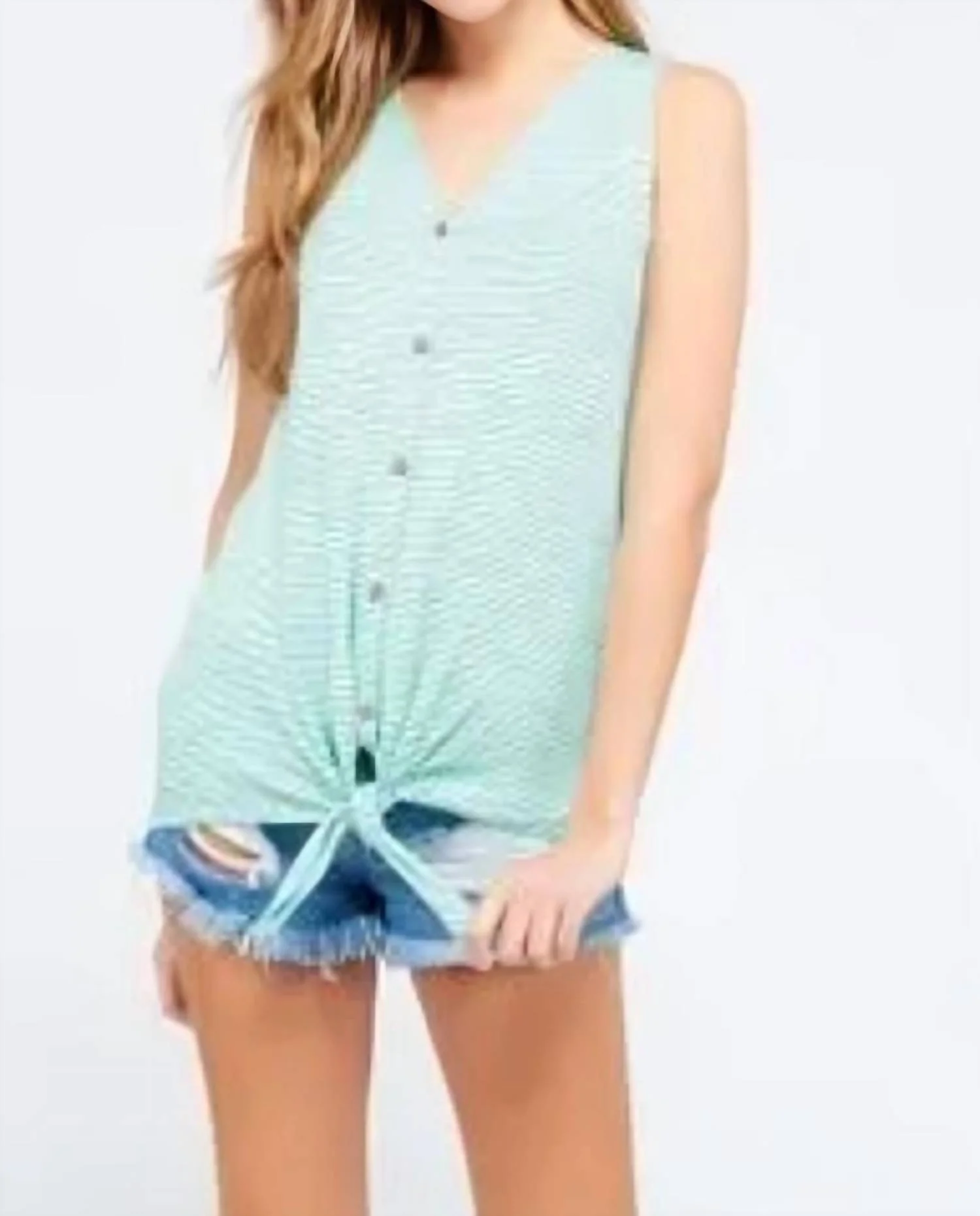 Striped Button Front Tie Tank Top In Mint - Image 2