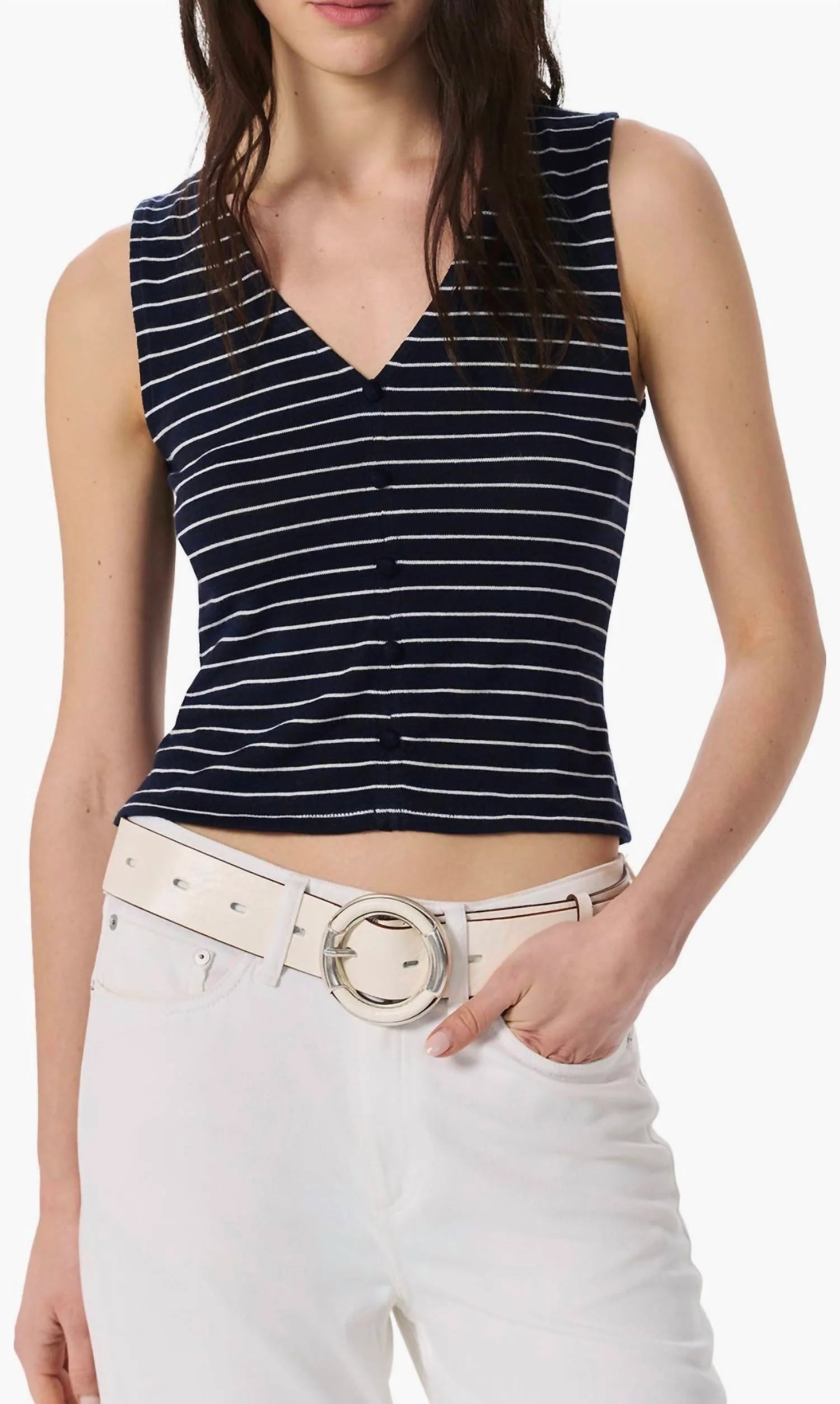 Striped Button Knit Blouse In Navy Stripe