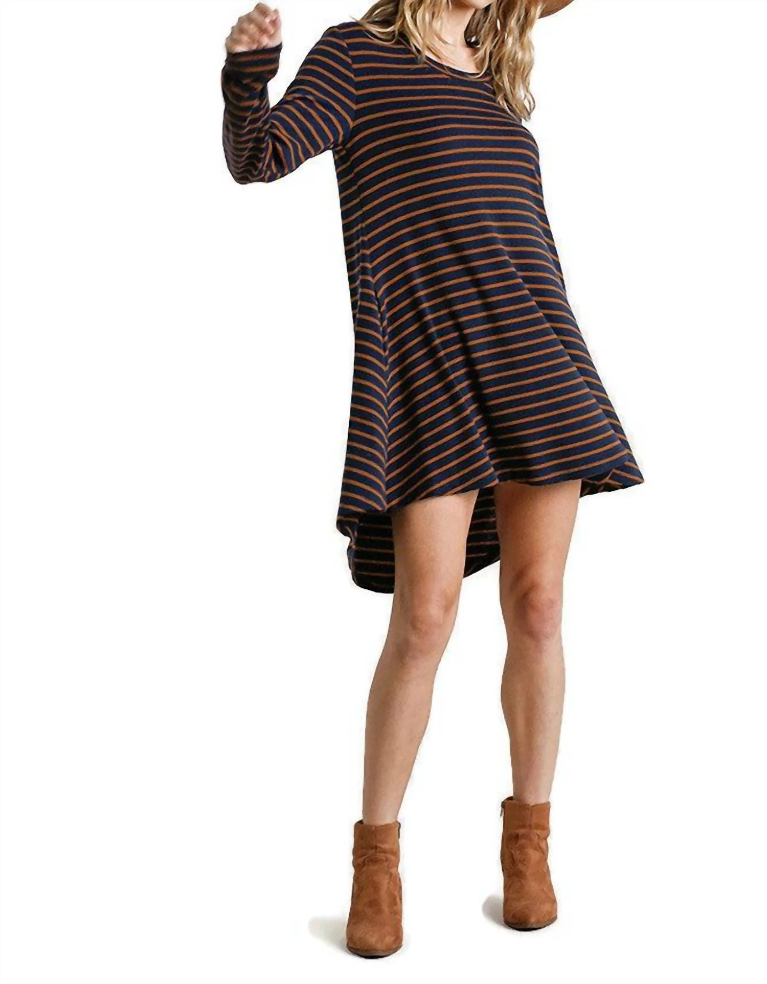 Striped Casual Dress In Navy / Brown - Image 2