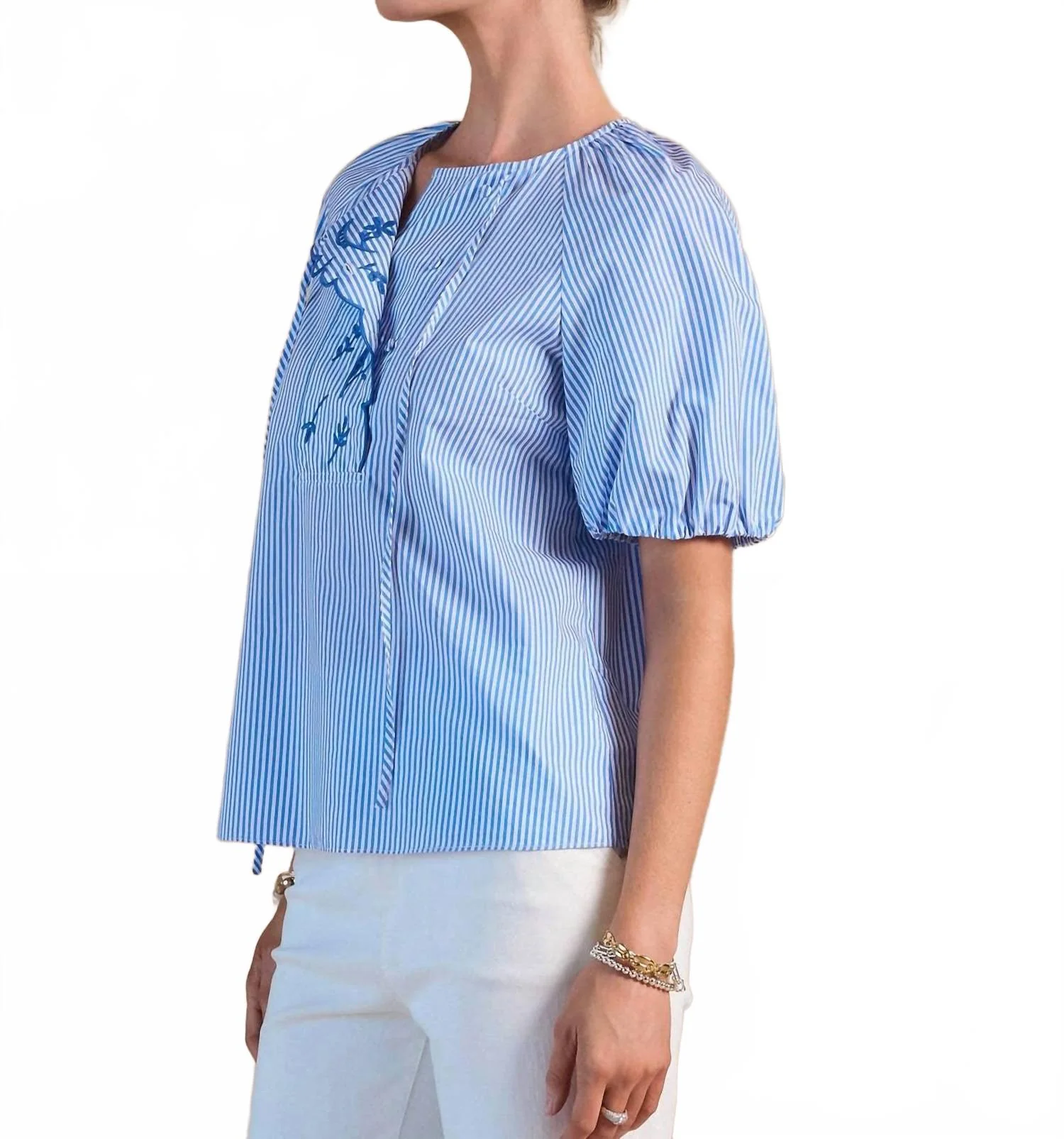 Striped Embroidered Short Sleeve Blouse In Blue Stripe - Image 2