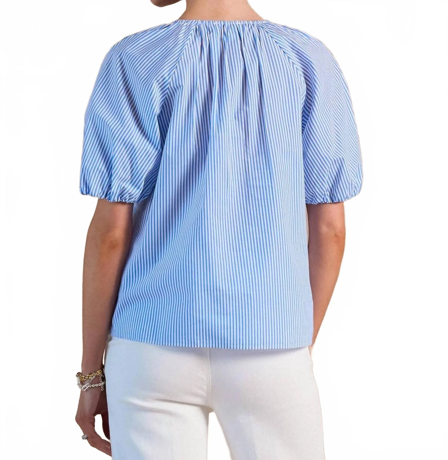 Striped Embroidered Short Sleeve Blouse In Blue Stripe - Image 3