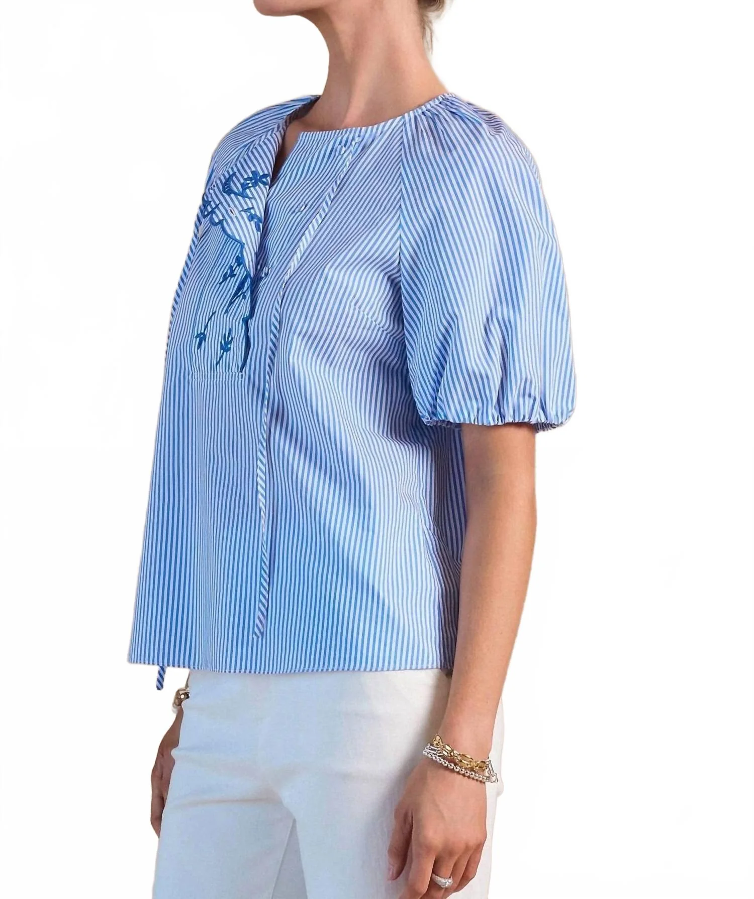 Striped Embroidered Top In Blue - Image 3