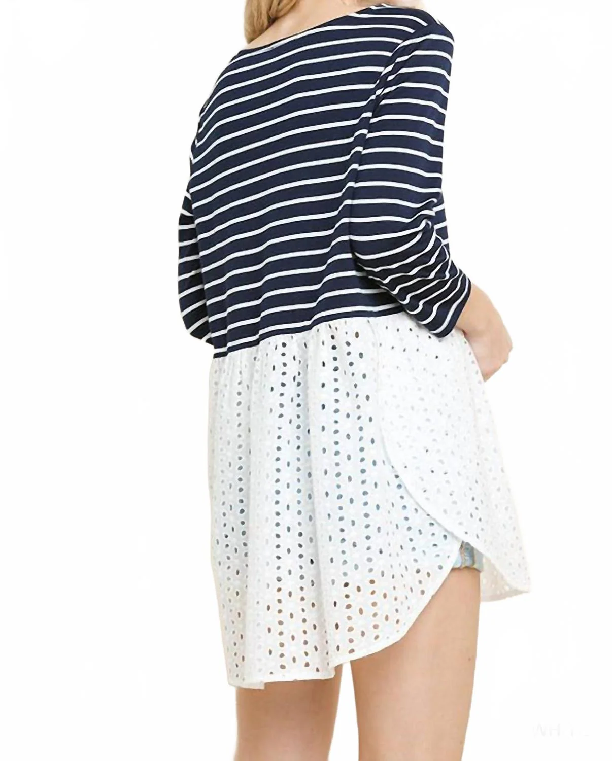 Striped & Eyelet Babydoll Top In Navy - Image 3