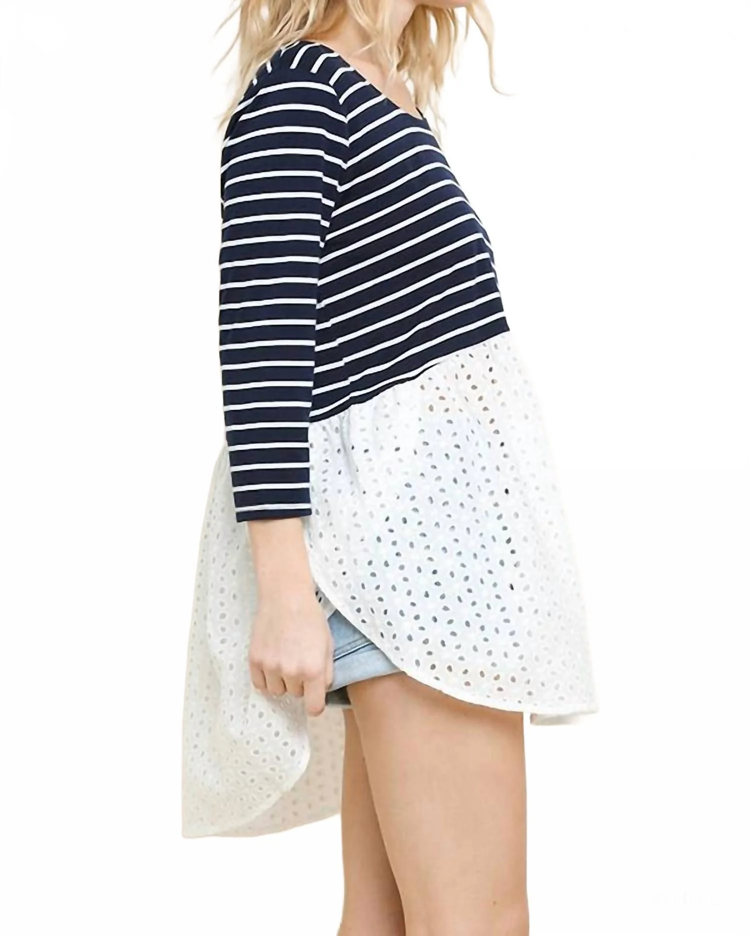 Striped & Eyelet Babydoll Top In Navy - Image 4