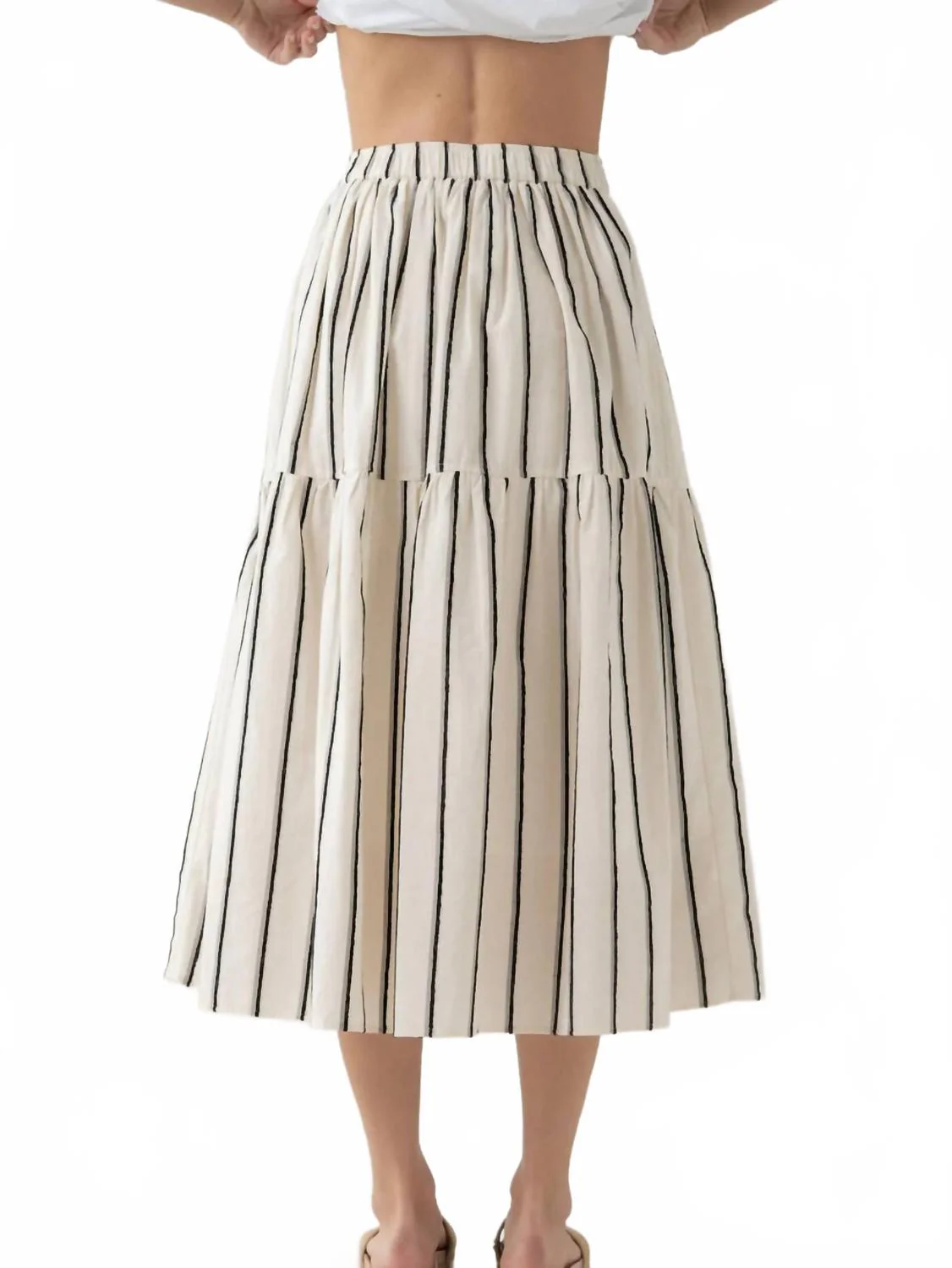 Striped Flowy Tiered Midi Skirt In White Black Stripe - Image 3