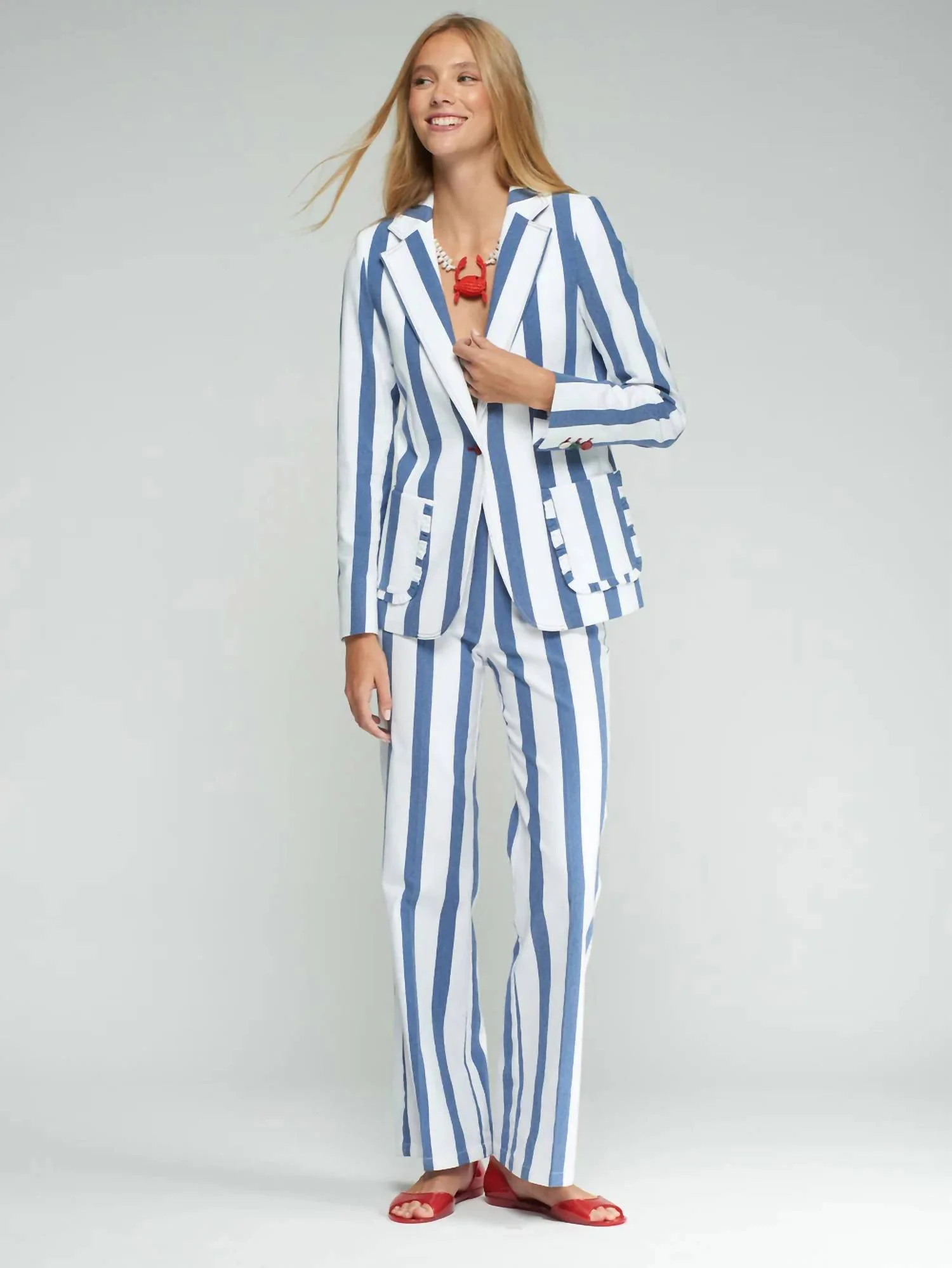 Striped Jacket With Ruffled Pockets In Blue, White