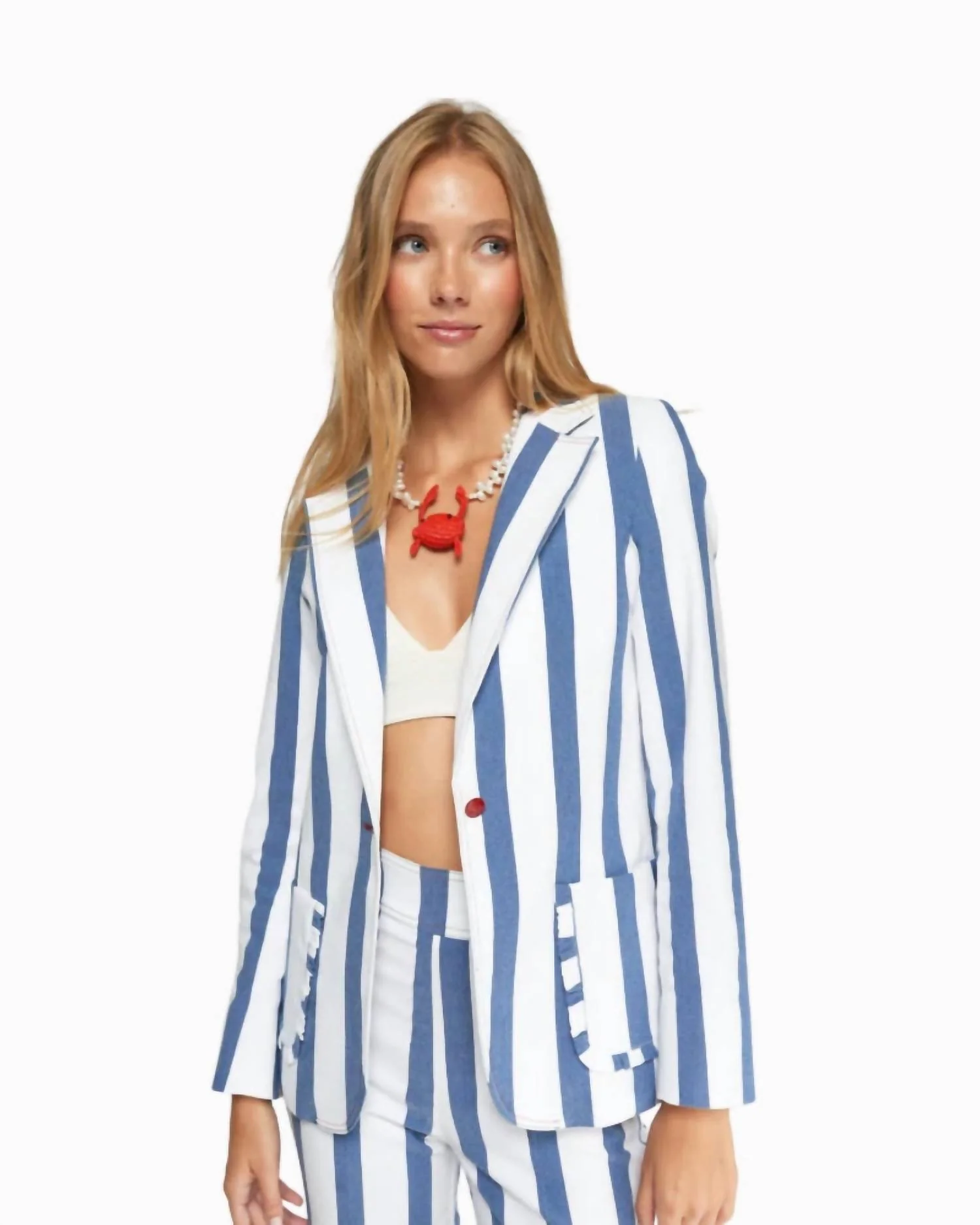 Striped Jacket With Ruffled Pockets In Blue, White - Image 2