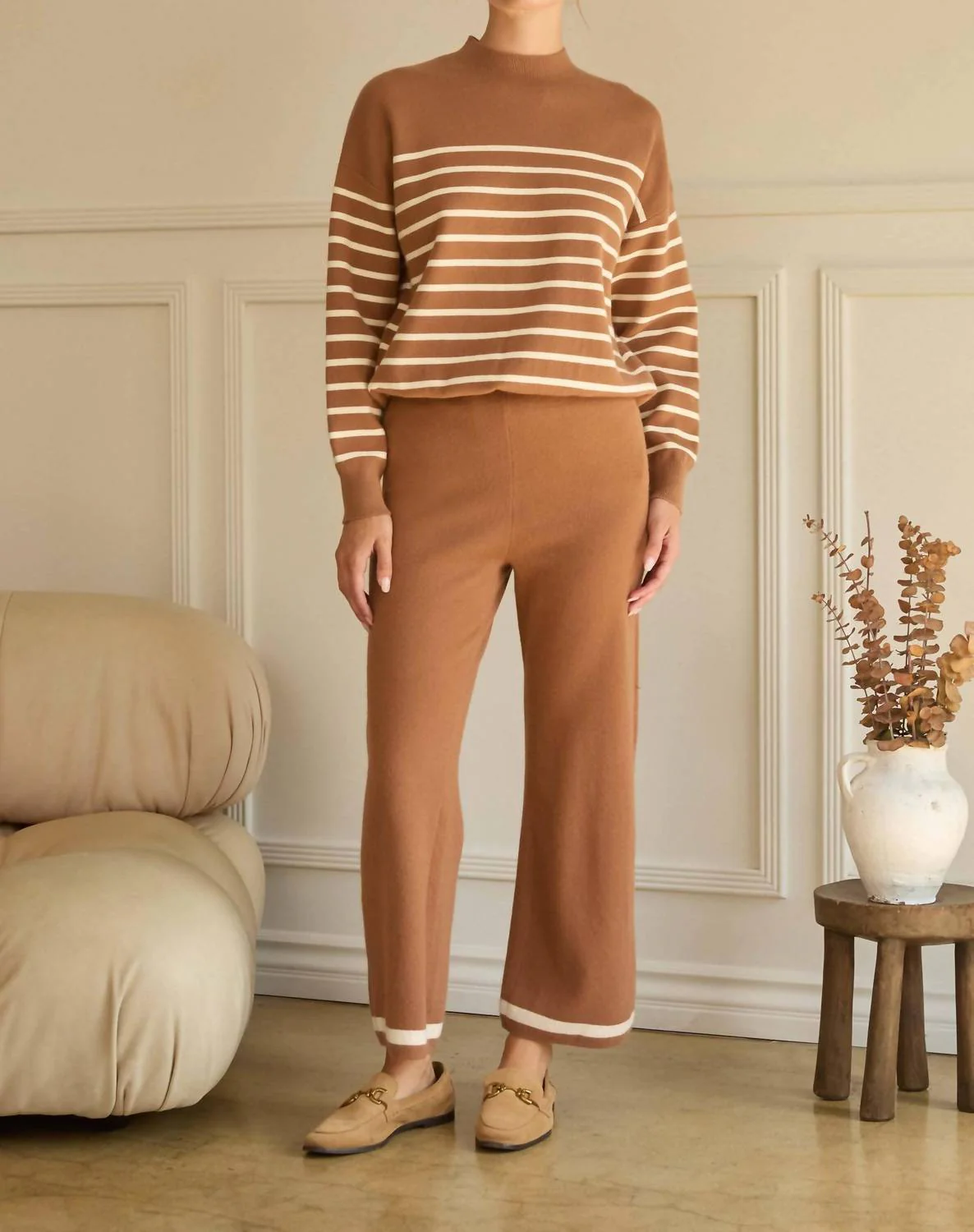 Striped Knit Pullover Sweater In Camel-Cream - Image 4