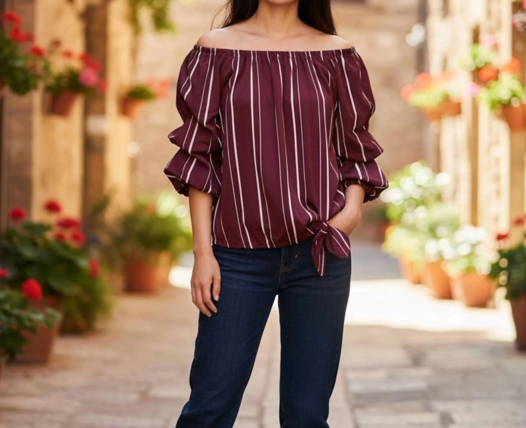 Striped Off-Shoulder Blouse In Red - Image 2