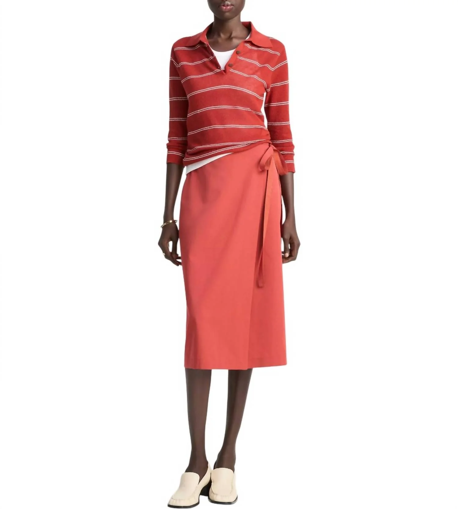 Striped Pique Polo In Brick Rose/off White - Image 3