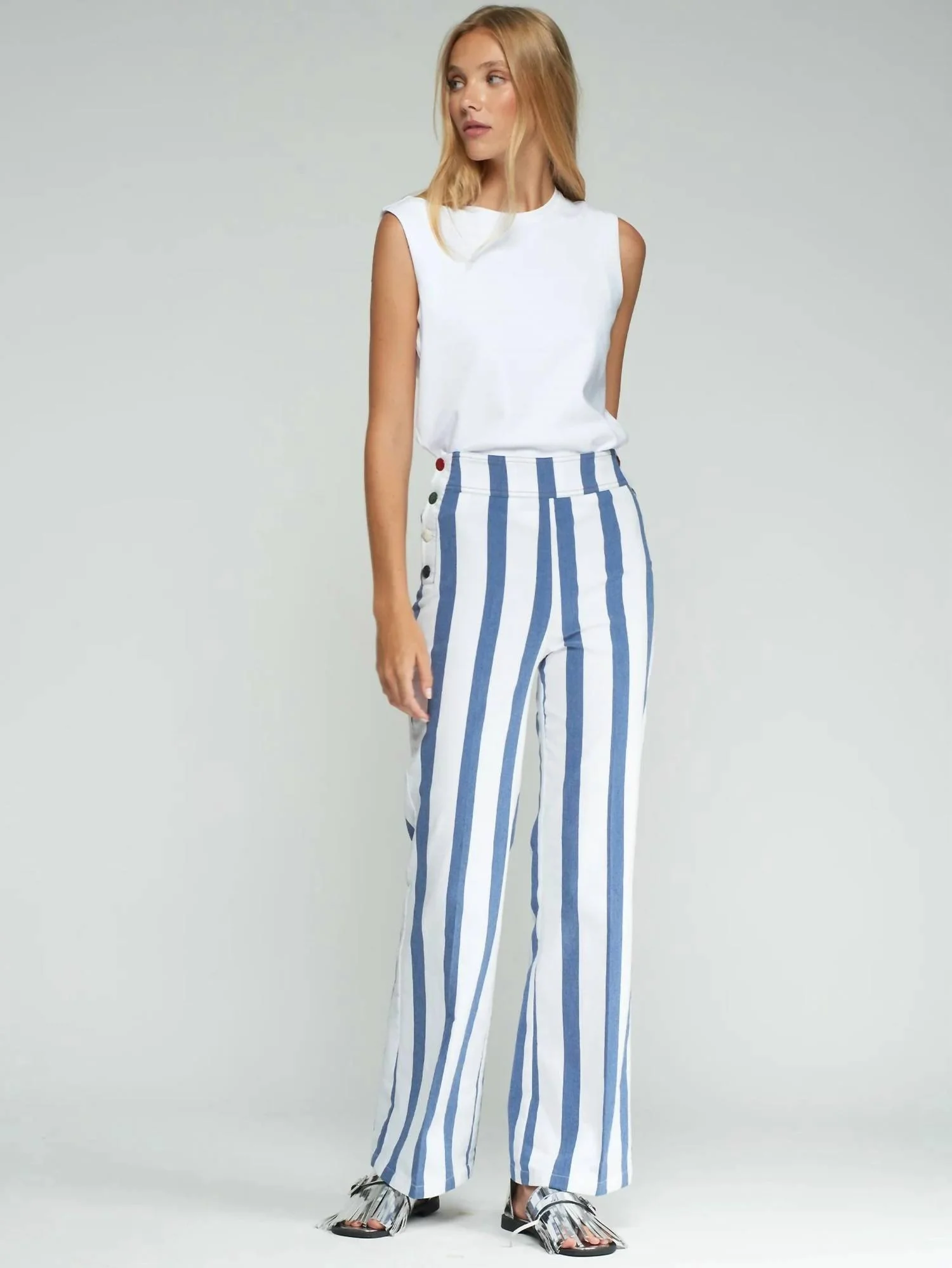 Striped Trousers With Buttons In Blue, White
