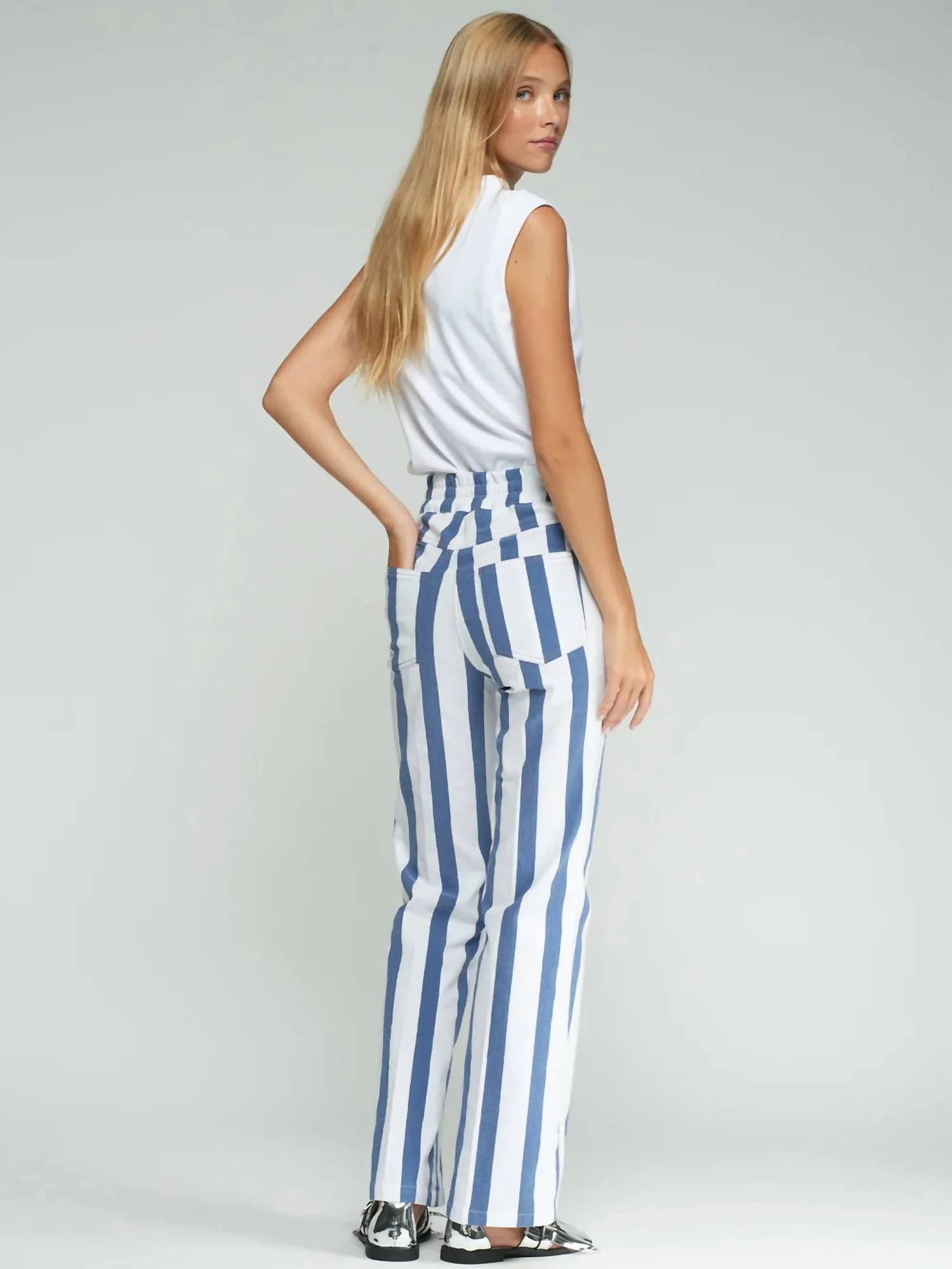 Striped Trousers With Buttons In Blue, White - Image 2