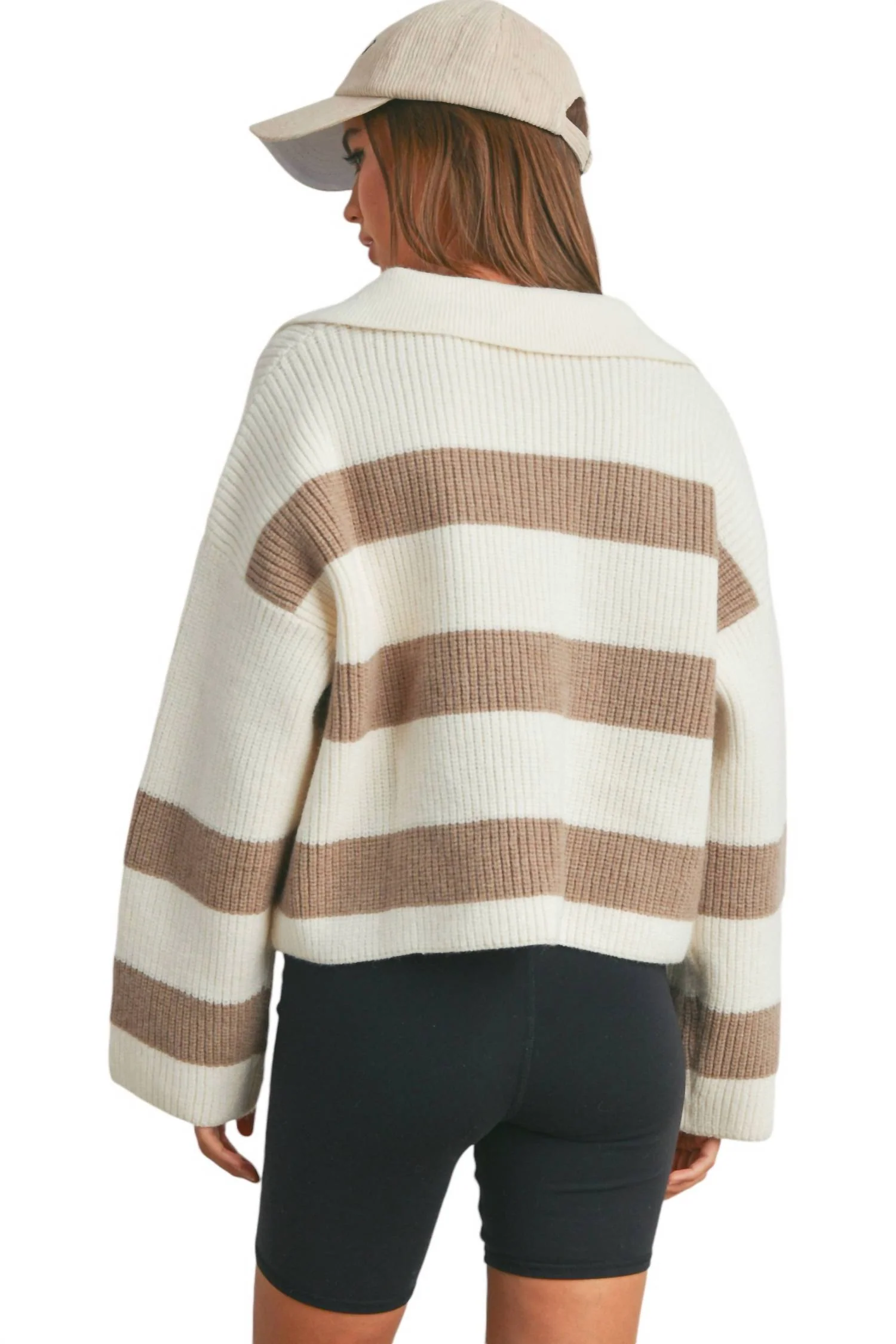 Striped Wide Collar Sweater In Ivory/taupe - Image 3
