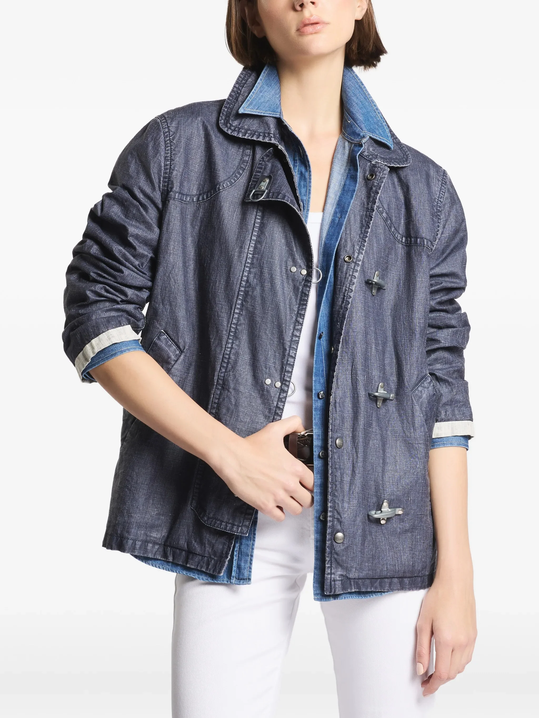 Structured Boxy Blue Metal Toggle Jacket - Image 3