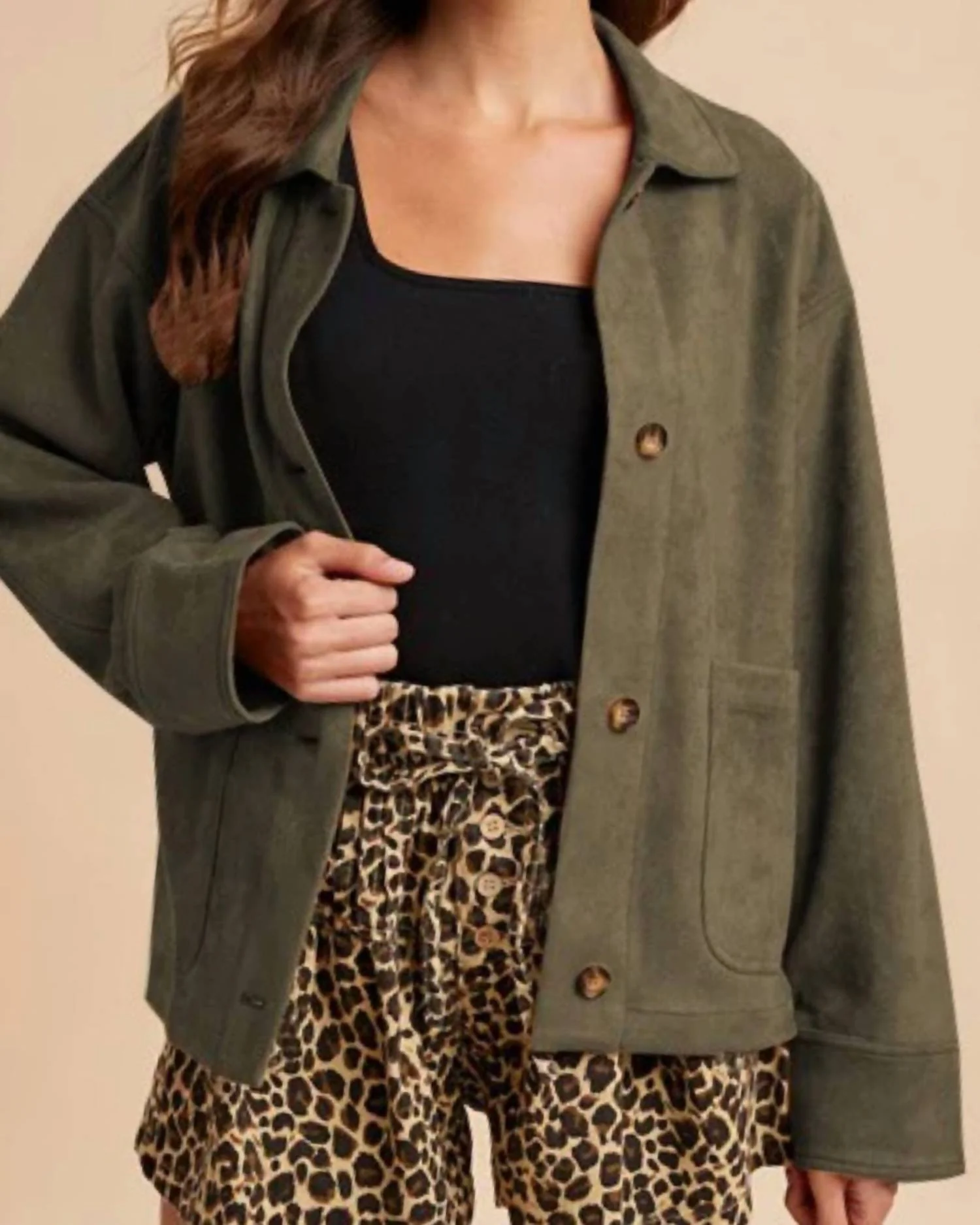 Structured Collar & Cuffs Suede Jacket In Olive - Image 2
