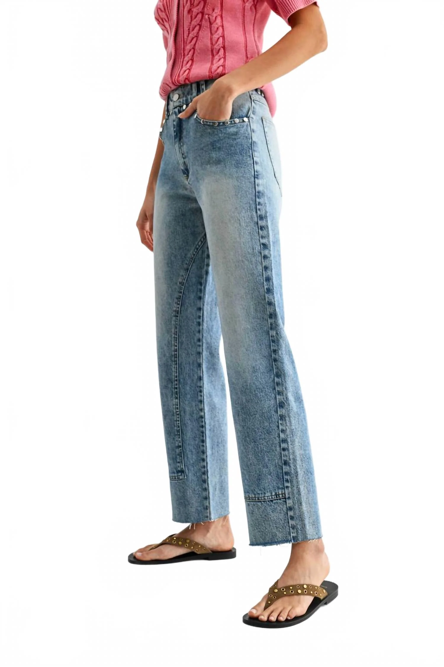 Studded High-Waist Straight-Leg Jeans In Med Washed - Image 3