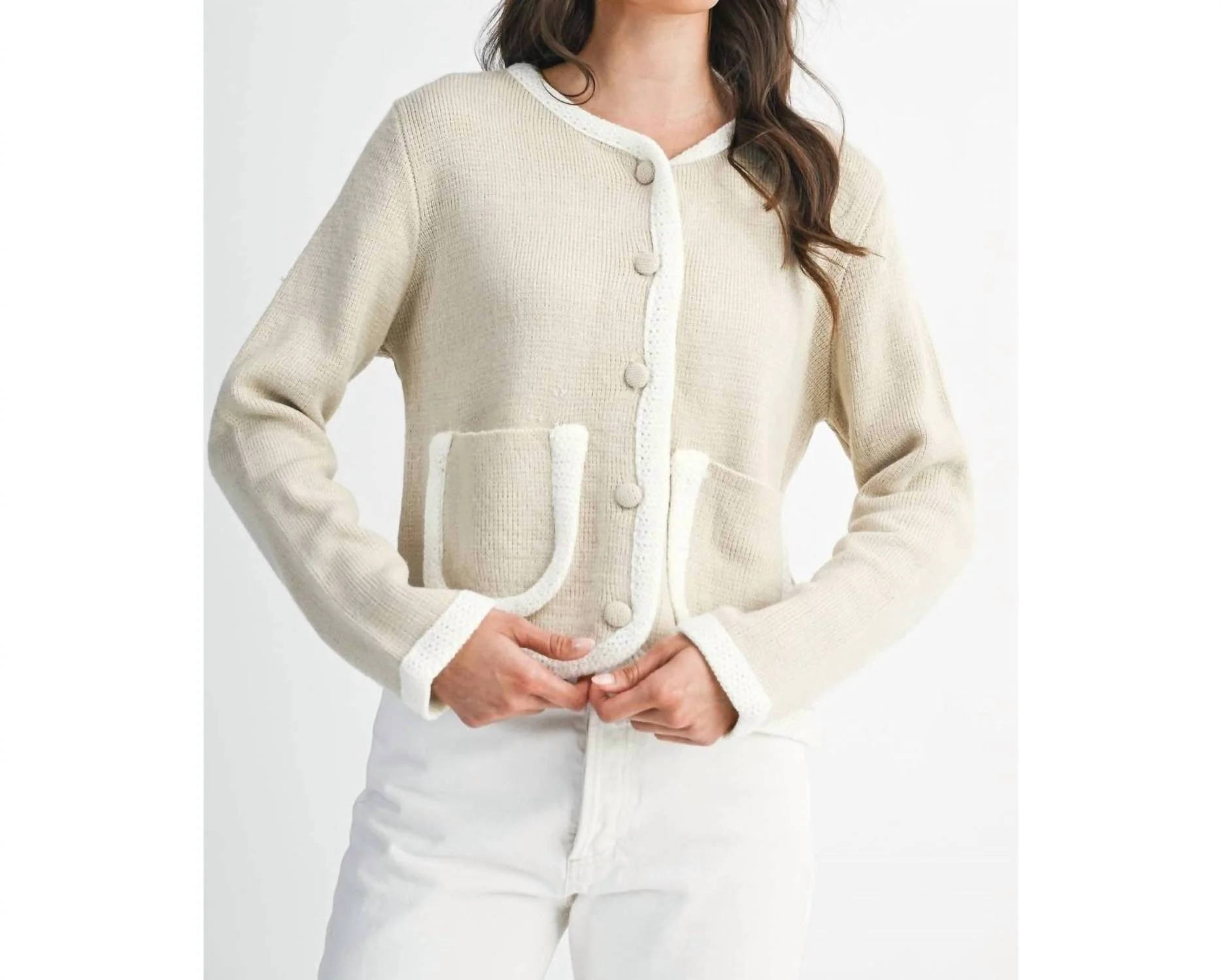 Stylish Knit Cardigan With Pocket Detail In Light Taupe / Ivory