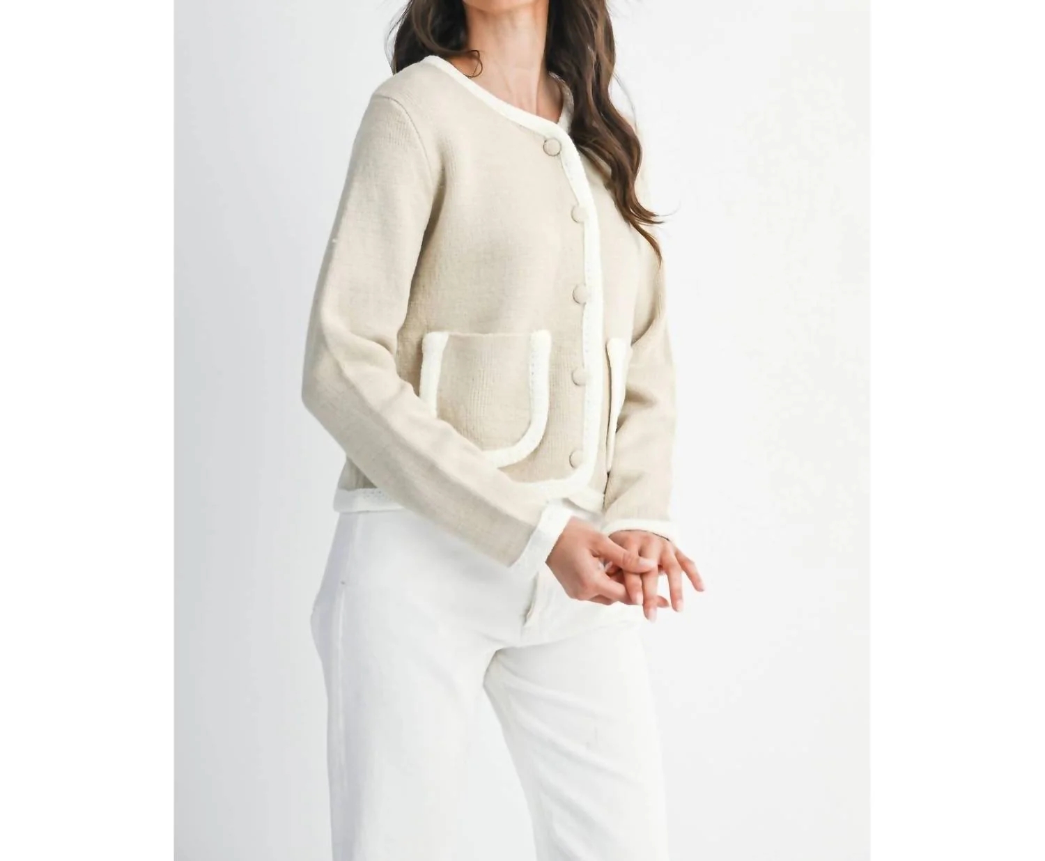 Stylish Knit Cardigan With Pocket Detail In Light Taupe / Ivory - Image 5