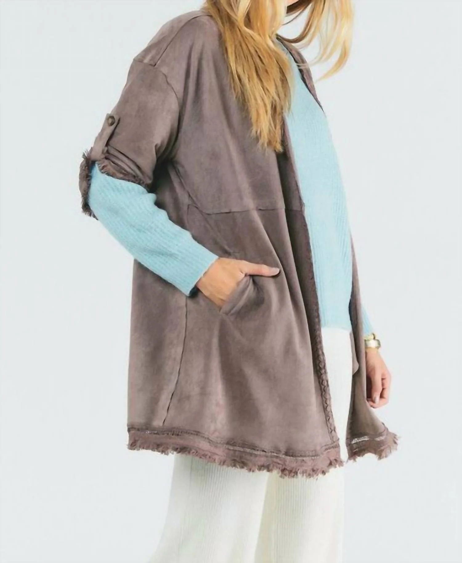 Suede Fringed Cardigan In Grey - Image 2