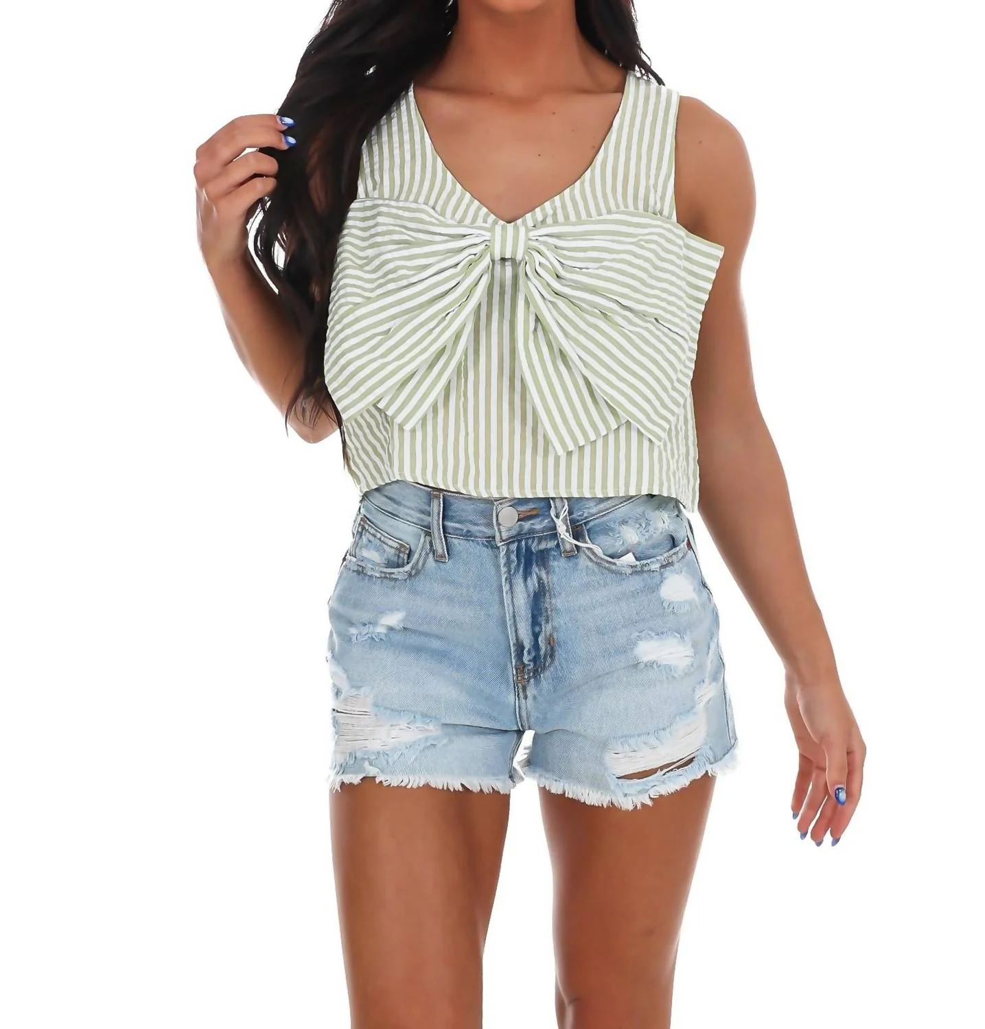 Sugar Stripe Bow Crop Top In Avocado