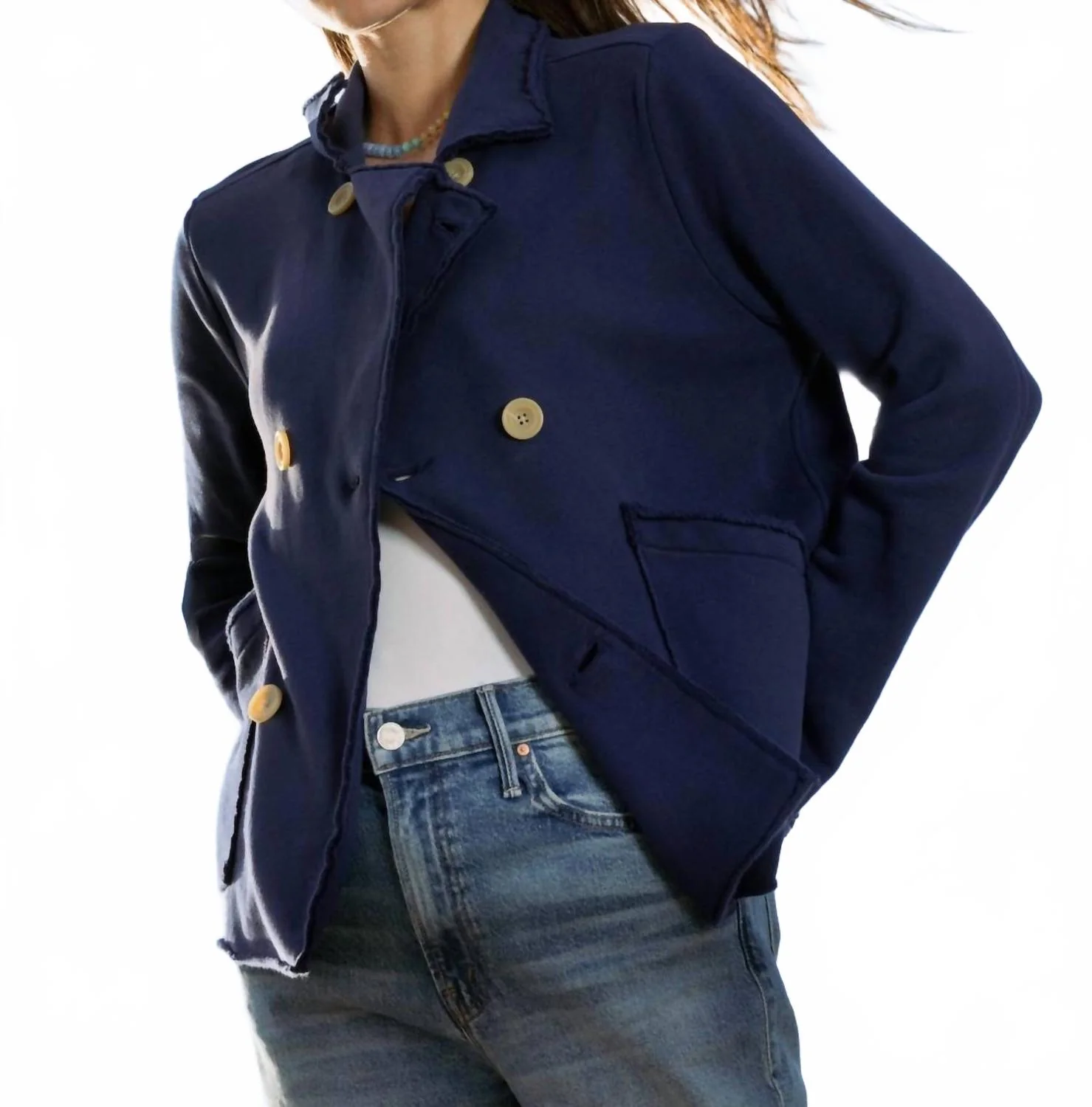 Sutton Double Breasted Button Jacket In Indigo - Image 2