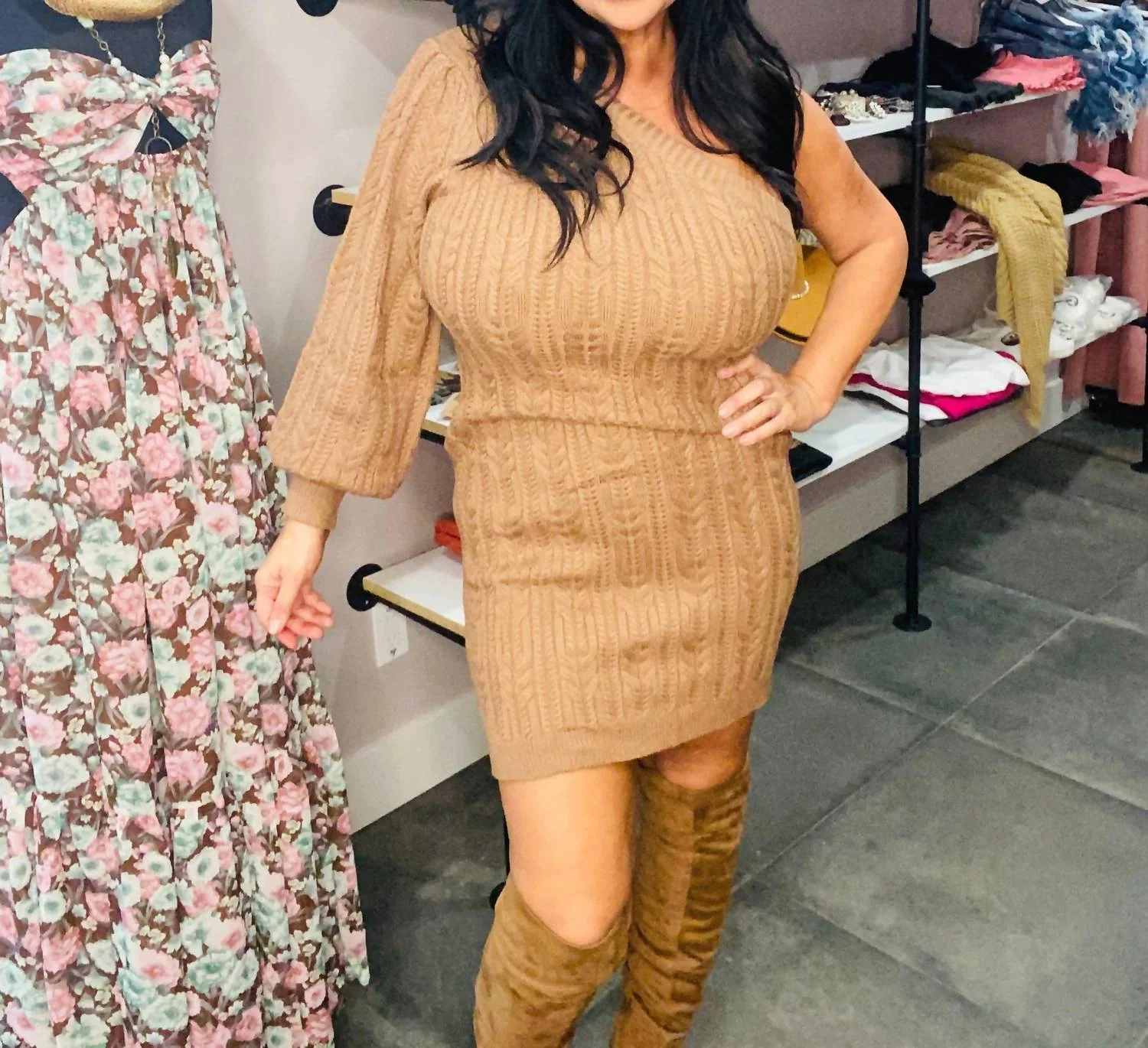 Sweater Knit One Shoulder Long Sleeve Dress In Camel - Image 2