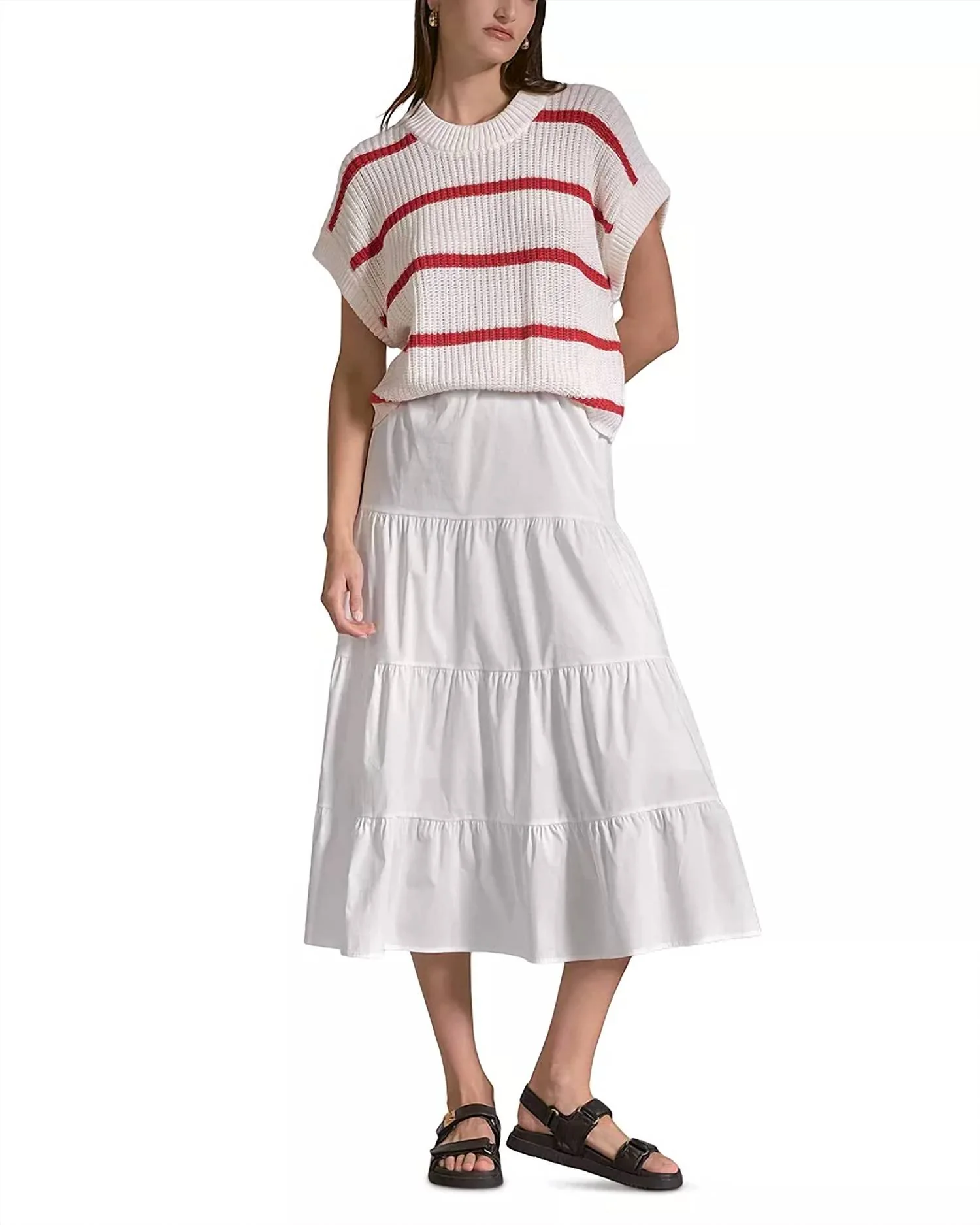 Sweater Top Midi Dress In White/whitered Stripe